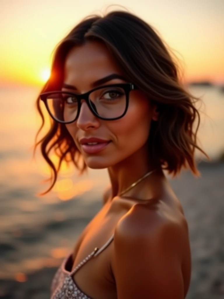 <lora:more_details:0.3> solo, very detailed, detailed face, agathe_auproux, picture of a beautiful 30yo woman wearing lingerie under brown leather jacket, upper body, sunset, glasses, reflection, orange sky, intricate view, looking at viewer, soft smile