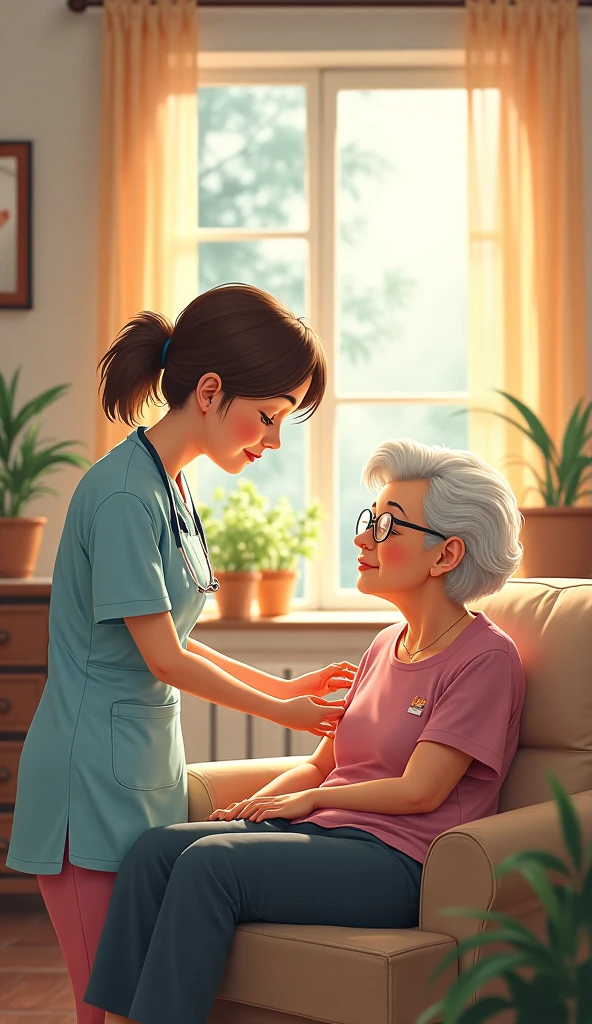 Female occupational therapist in blue or green medical uniform next to grandmother cartoon