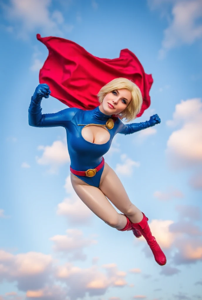 The character Power Girl, perfect and traditional costume, bright blue yes, red cape, blond hair, smooth curves, extremely beautiful e realistic anatomy, beautiful smile? hyperrealistic anatomy