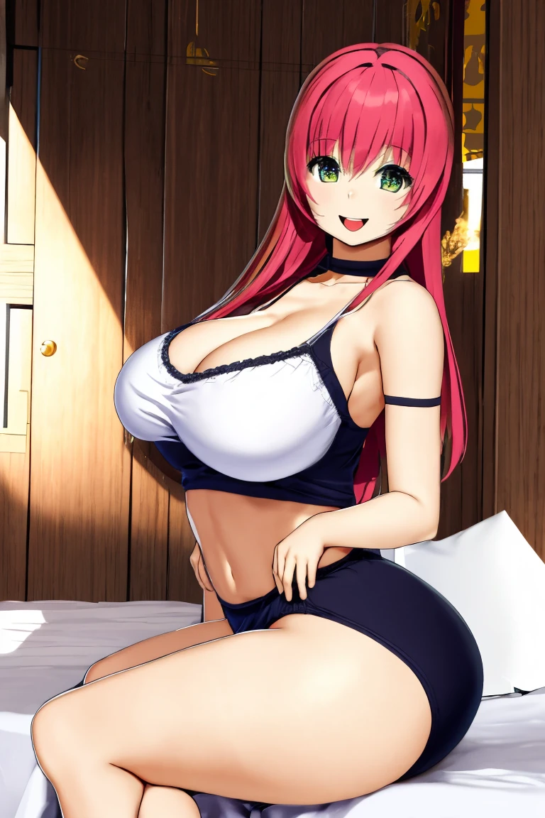 Code Geass, Kallen Stadfeldt, 1girl, (((bimbo))), puffy lips, painted lips, thick lips, wide hips, thick thighs,vbig breast, huge ass, revealing cleavage, erotic, smile face, bubble butt, camel toe, breasts, laying in bed, White bra, White panties,