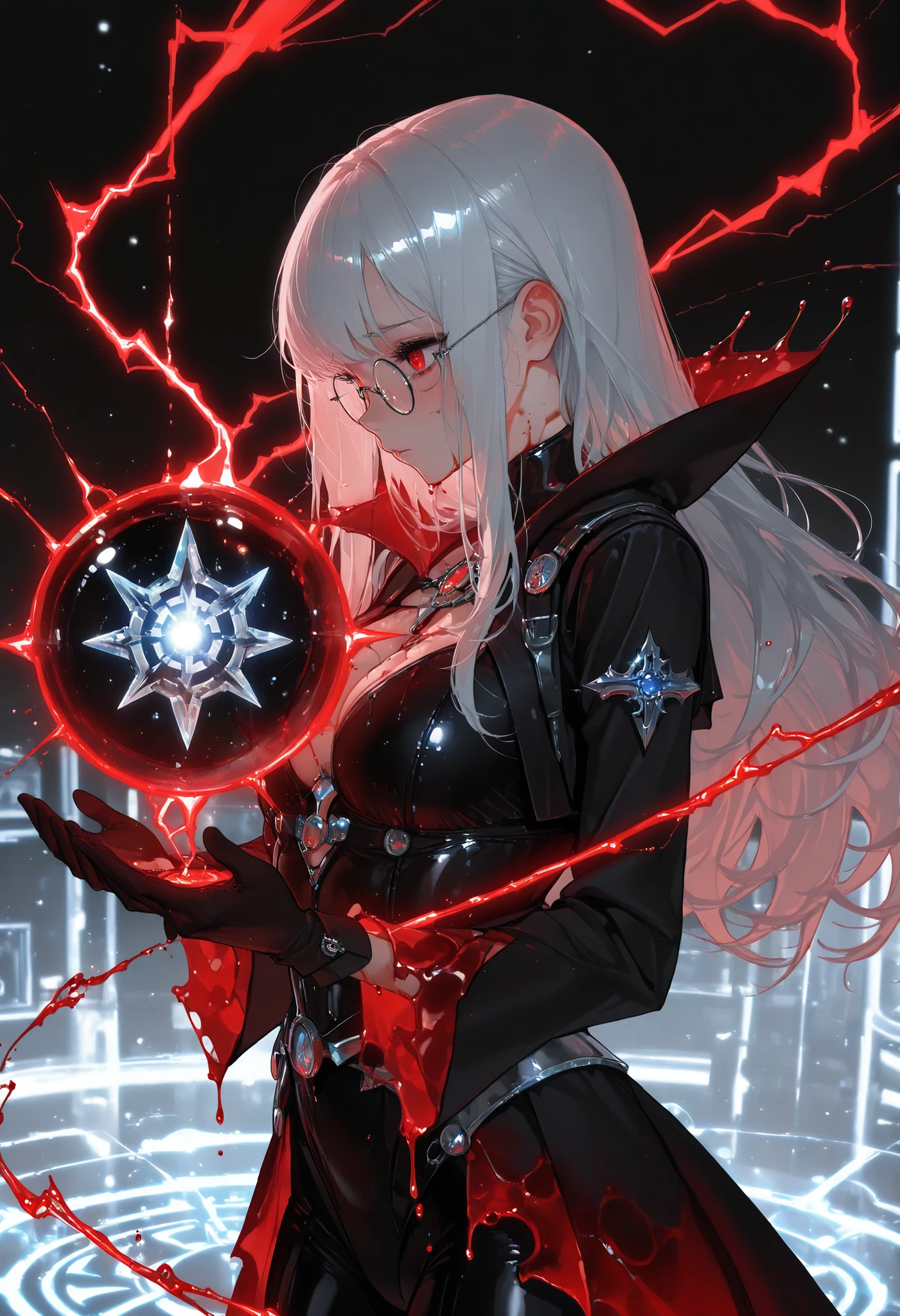 masterpiece,The best quality,newer,absurdres,highres,very far away view,1 girl,adorable,muy beautiful,shy,(big ),red eyes,glasses,beautiful,piel clara, Shiny hair , ultra detailed eyes ,Force Field azul,sexy witch outfit,Hands extended,magic barrier azul,fingers,palm of the hand ,Gloves,barrera translusida azul,Collision of Powers,in profile, magic barrier,Force Field ,magic cube,defensive sphere,fractal cube, Magic Coke,red lightning coming from another wizard,Blood Witch,Blood Rital,Blood Skin