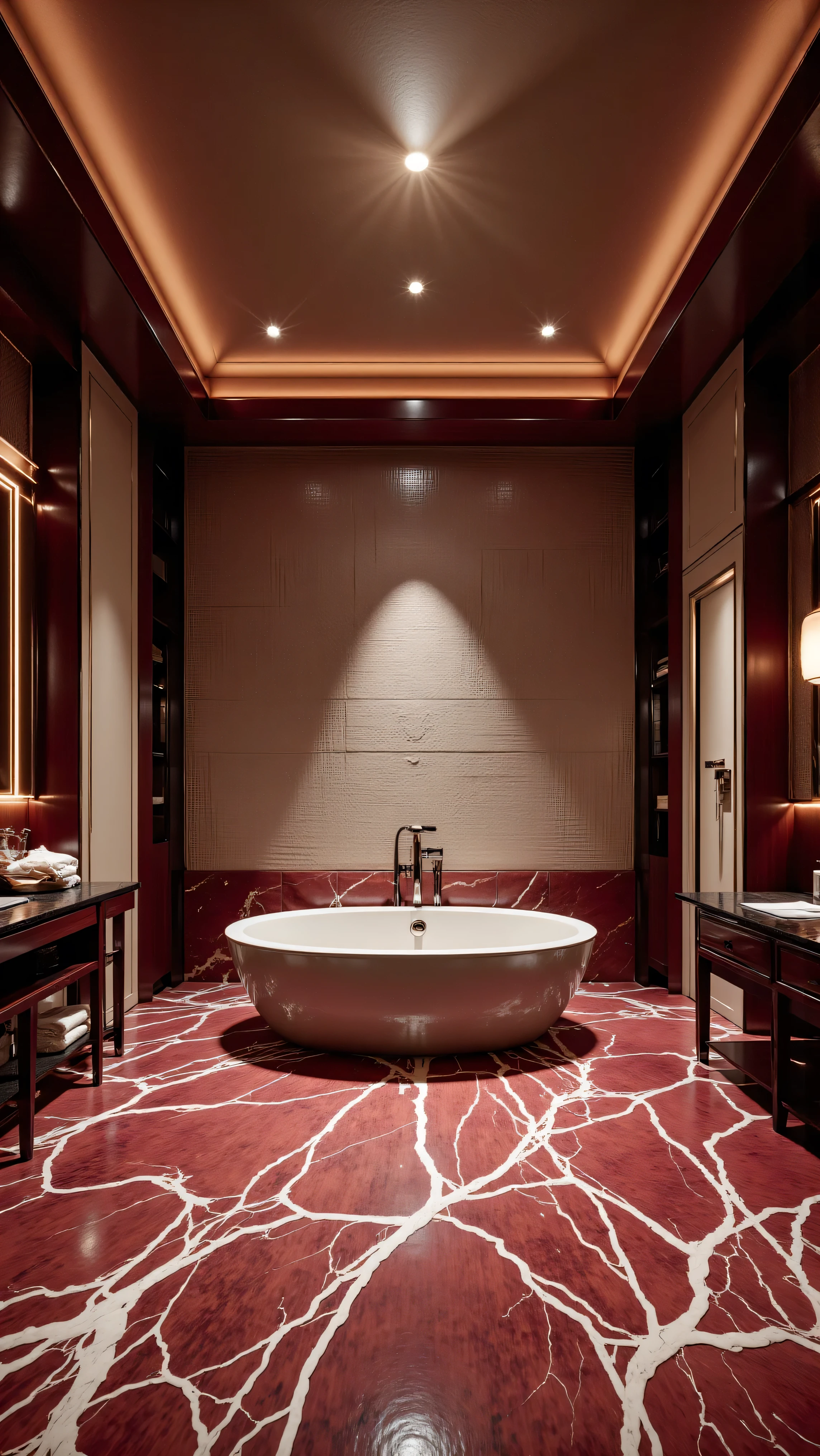 4K,8K,Studio Quality,Inside Highclass Penthouse Tower Bathroom, make the photo realistic, vibes color with red and dark, Billionaire Vibes Bathroom,Full Furniture.