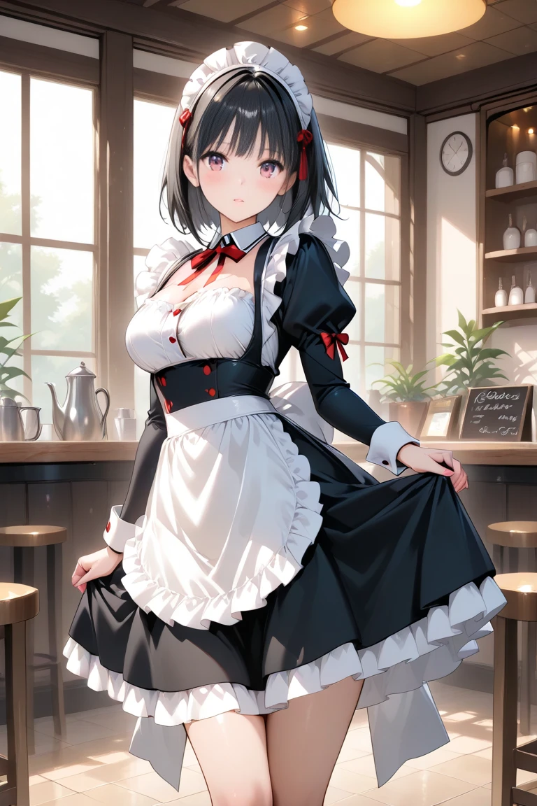 highest quality、masterpiece、((1 girl))、((smile))、(blush:1.3)、Black Shirt、blouse、((fun!!))、(Small breasts)、(single braid)、()、()、((White apron:1.5))、((Maid))、((hair ornaments)),、Kamimei、look at me、 ((in house:1.5))、 Taking a break from watching the audience、Cowboy Shot、(skirt lift:1.3),(Highly detailed white panties:1.3)、(Highly detailed panties:1.3)、、(スカート that rolls up:1.3)、(Panties fully exposed:1.5)、