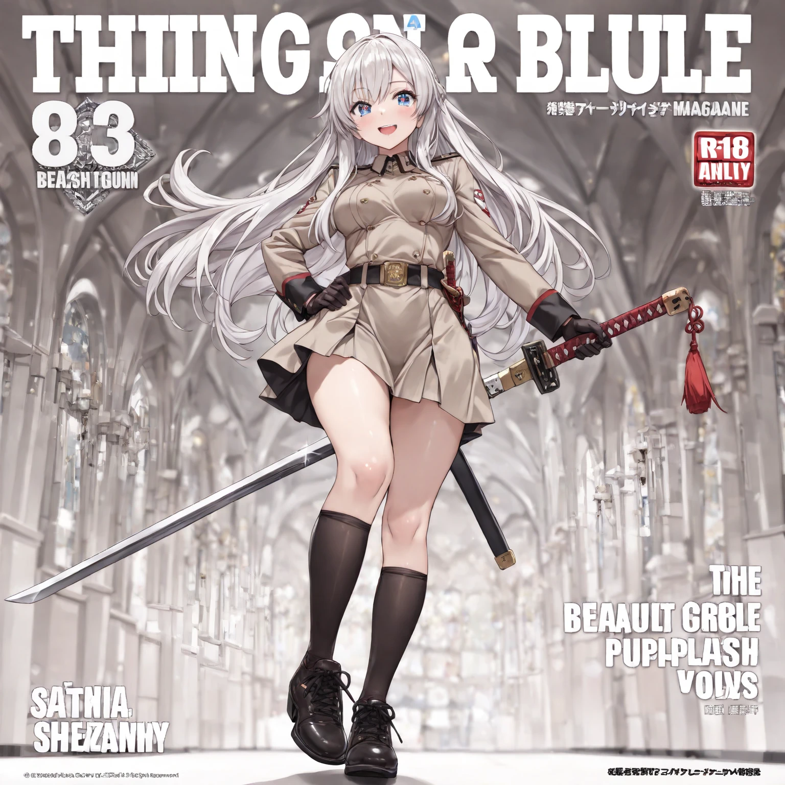 (from below:1.2, Highest quality ),  The girl on the left has no breasts ,   platinum colored hair Military uniform  , The dreamer wants purplish blue eye ,(small breasts:1.0),  キラキラしたeyeと伝染する笑顔で    , (masterpiece:1.2, Highest quality ), (Beautiful  Thorough depictiOn : 1.2), ( beautiful  Thorough face ), (     tight breasts :1.2), ( Sharp chest:1.1), (_hands),(_weapons),(_feet), (_reference),(_glass), ((( high resolution,超high resolution,8k, Highest quality,masterpiece ))), 1 The girl on the left has no breasts, High school  The girl on the left has no breastss, medium breasts, blue frame glass,    cheerful,walk, very aesthetic, アブサー    dress,(beautiful eye,  Thorough eye:1.2), Accurately _Away,hand_On_Hip,Highest_quality, masterpiece,(( Thorough_eye)),((correct_    Anatomy    )),(Military_    dress,_fashiOn),Military_ 上には DecoratiOnに , jacket,belt,hand袋,Military_ Bbo   ~,(Military_ comments),black_ over-the-knee socks ,    frill _男Onに乗るスカート,(   frills,Shoelaces), ( Japanese_sword_    Sheathed        _On_ waist ), natural light is perfect , , open your mouth , (katana sword and gun magazine cover:1.3),(with sparkling eye and a cOntagious smile),Her Thin Pubic Hair  :1.2,  Accurately  at viewer