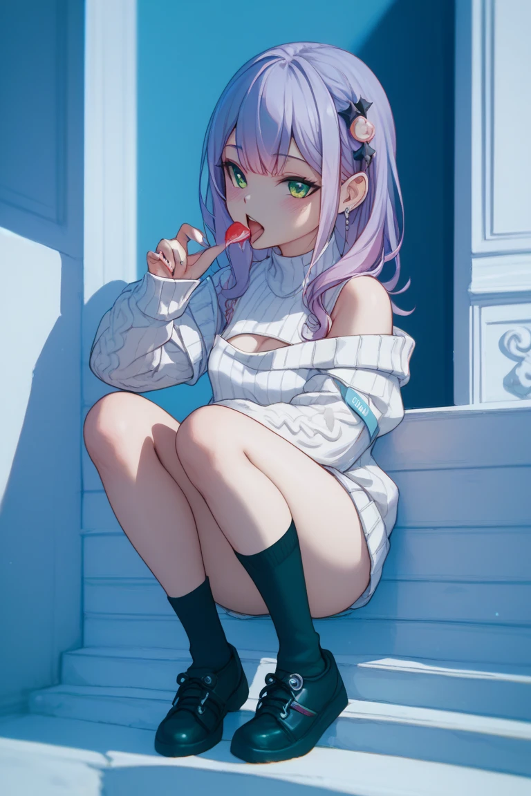 One girl, Shikimori-san, Pink Hair, Long Hair, blue eyes, Hair between the eyes, bangs, blush, compensate,Embarrassed,chest, Black sweater, Bare shoulders, No sleeve, skirt, View your viewers,Bare Belly,Secretly showing off her bra,Sit with your feet together,masterpiece, Highest quality,nsfw,Alley,Blowjob,Man's body,1boy,