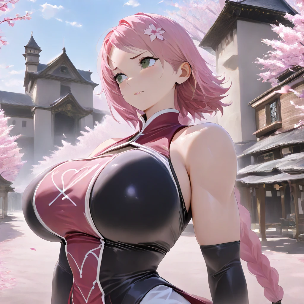 Masterpiece, highres, high quality, detailed perfect face, detailed body render, 1girl, solo, Mitsuri Demon Slayer, Medium breasts, stunning green eyes, open kimono, exposing breasts , belt buckle, nipples slightly covered, short frilly black skirt. white thigh highs, slim waist, determined look, braided pink hair with green tips, hq 4k wallpaper, cinematic body shot, cinematic full body shot. no blur, nervous pose, japanese setting, outside, sunset, sun behind character, thigh gap, high quality eyes, holding pink katana, best quality, ultra-detailed, illustration,beautiful detailed eyes,