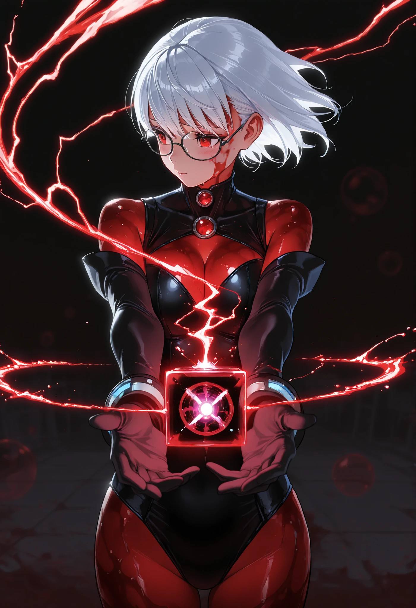 masterpiece,The best quality,newer,absurdres,highres,very far away view,1 girl,adorable,muy beautiful,shy,(big ),red eyes,glasses,beautiful,fair skin, Shiny hair , ultra detailed eyes ,Force Field azul,sexy witch outfit,Hands extended,magic barrier azul,fingers,palm of the hand ,Gloves,blue transluded barrier,Collision of Powers,in profile, magic barrier,Force Field ,magic cube,defensive sphere,fractal cube, Magic Coke,red lightning coming from another wizard,Blood Witch,Blood Rital,Blood Skin