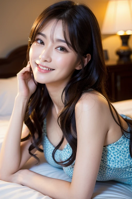 studio, soft lighting, full-body shot of a cute idol in a swimsuit, lying on stomach, legs bent up, head resting on hands, smiling, pastel background, photorealistic, high detail