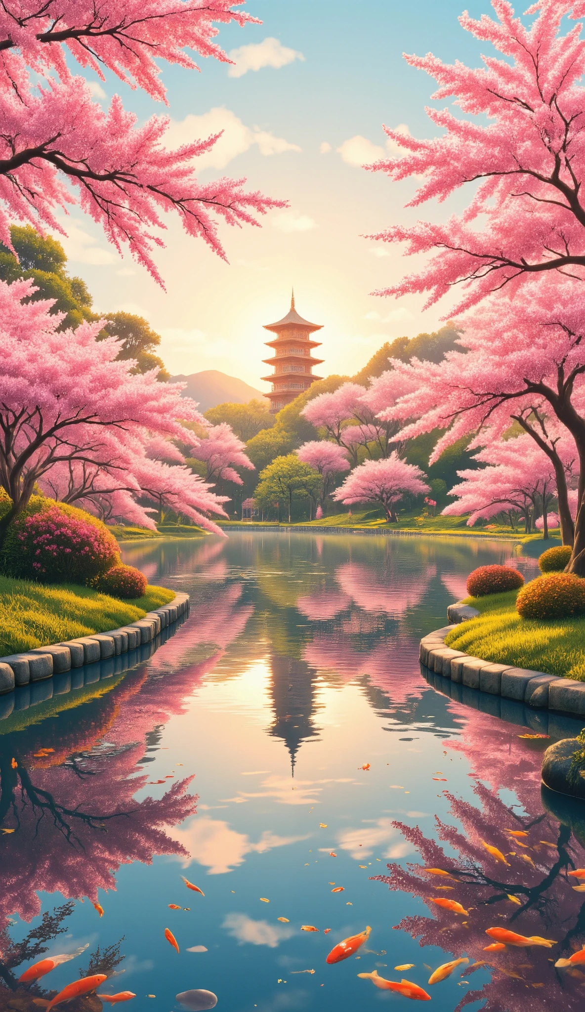 in high-definition images(Digital Paint)、(Best Quality)、Very Beautiful Japanese Garden、Peach Blossoms in Full Bloom、Carp Pond、tower、Ukiyo-e style、Hokusai Inspiration、8K Ultra Realistic、Pastel Color Schemes、Soft Body Lighting、Golden Hour、quiet atmosphere、Scenery Orientation