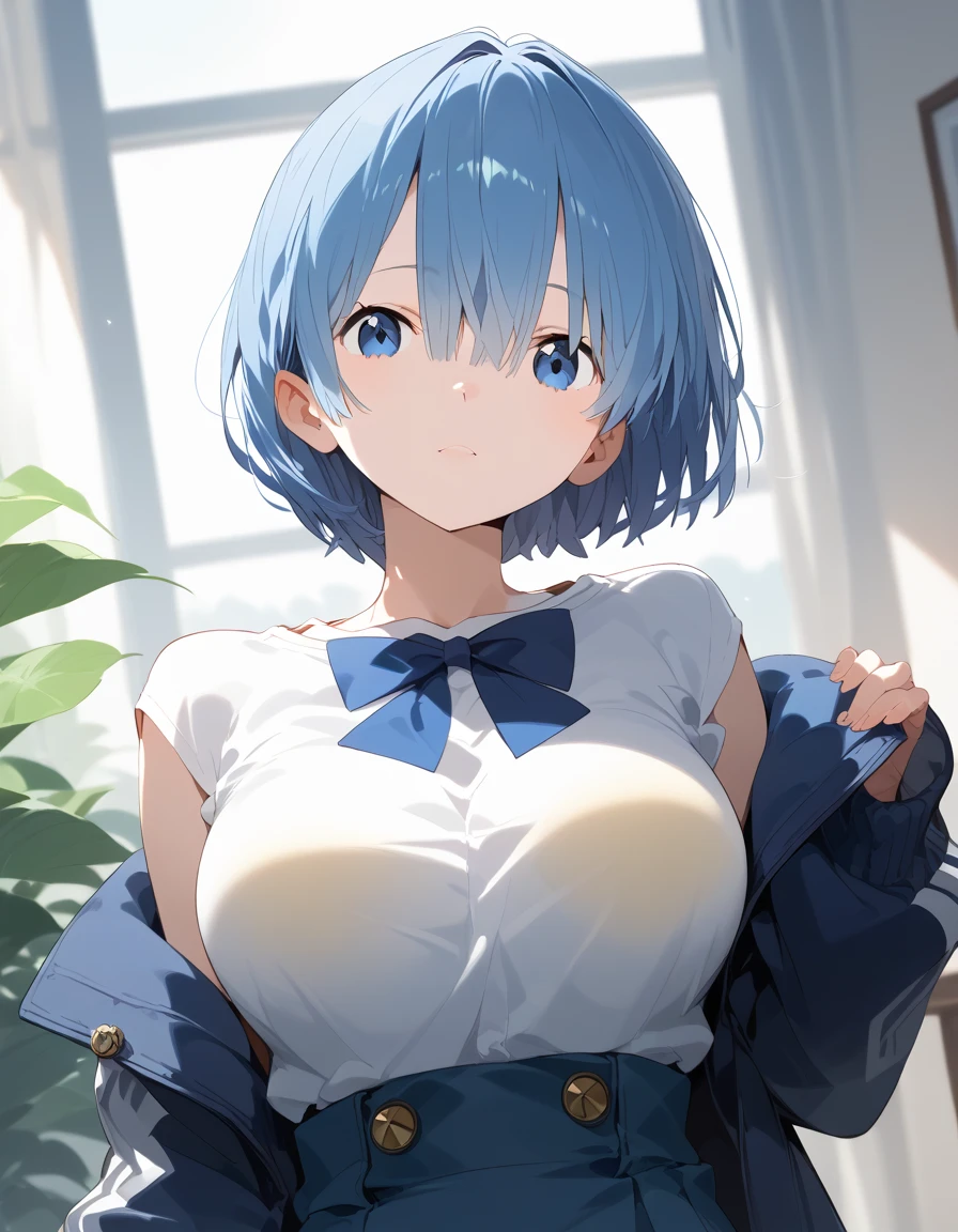 One Girl、masterpiece, Highest quality, Rem, One girl, Collared shirt、short hair、Beautiful blue ocean hair color、Short Hair, (blue eyes:1.5), Blue ribbon, ribbon, Side Lock, (Larger breasts:1.2), break looking at viewer, break indoors, break (masterpiece:1.2), highest qualthaty, High resolution, unthaty 8k wallpaper, (shape:0.8), (Beautiful and beautiful eyes:1.6), Highly detailed face, Perfect lighting, Extremely detailed CG, (Perfect hands, Perfect Anatomy)、Collapse on the bed、that&#39;Fallen、A system that allows you to see the face between your legs、Please open your mouth wide、that&#39;come、Wistful face、Haa、Embarrassing expression(1:2)、Rough breatheing、Sexy Underwear、See-through underwear、(((Legs wide open)))、(((White Background)))、White Background、Red face、blush、Embarrassing、Dynamic pose、whole body、Sweat、breathe、panic、panic
