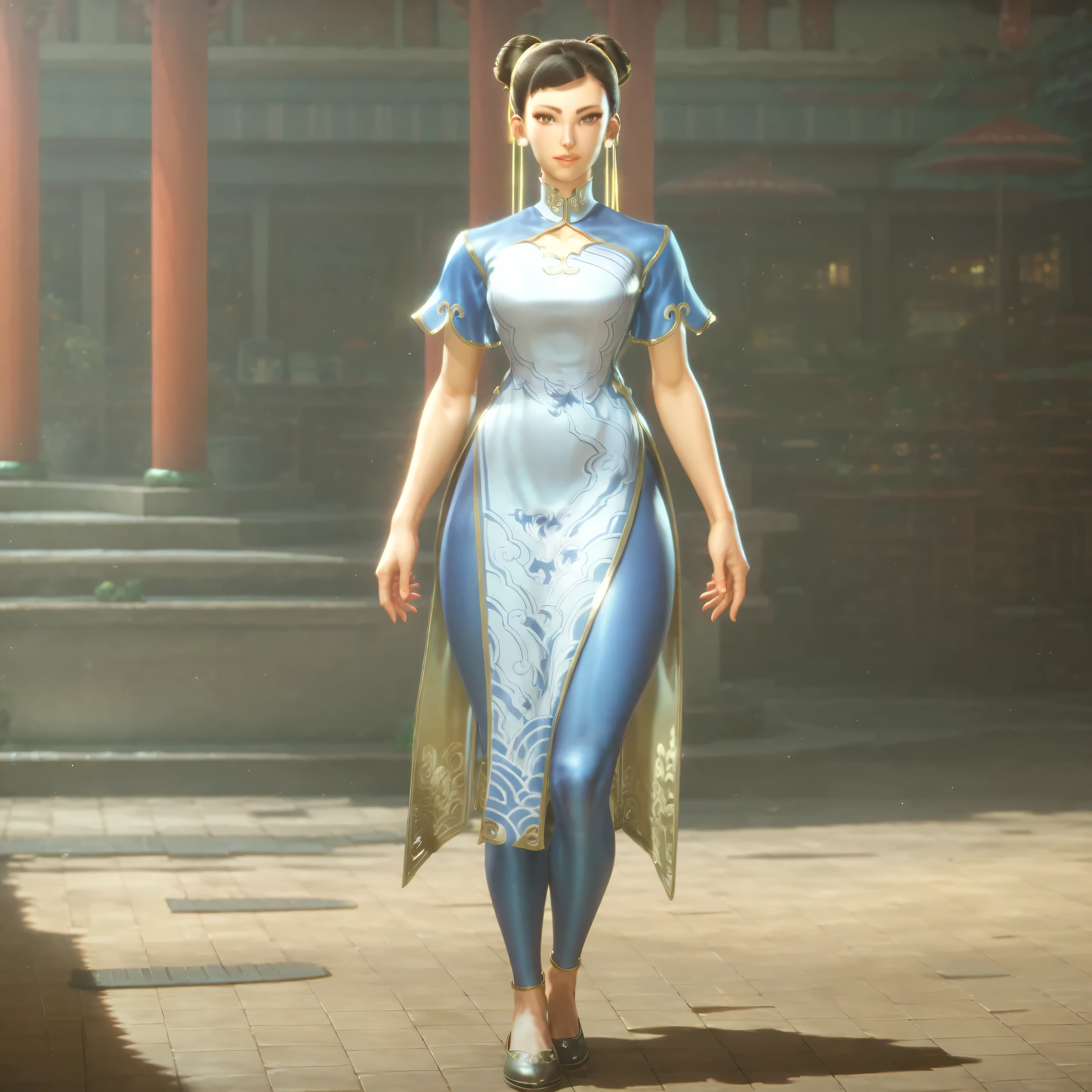 score_9, score_8_up, score_7_up,score_6_up, score_5_up,1girl, looking at the viewer, earrings, hair bun, hair ribbon, blue qipao, blue leggings, standing in a plaza
 