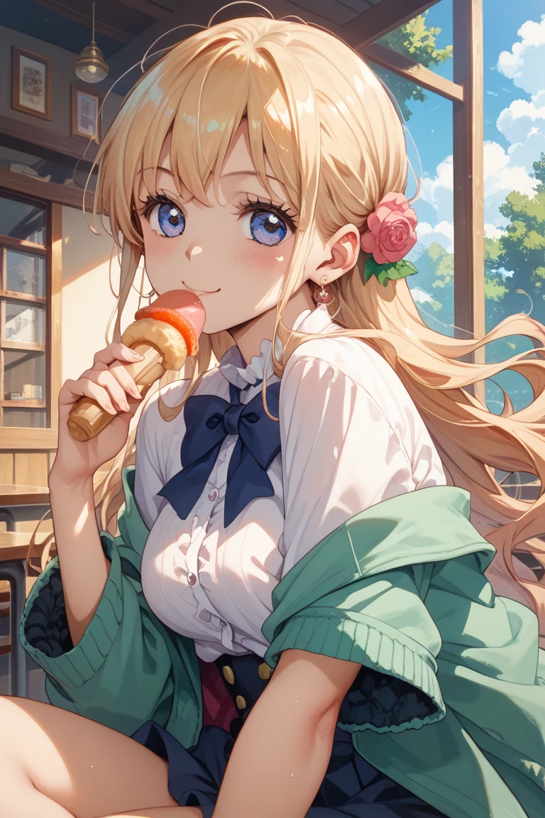 2 girls, sitting on a park bench, Sit and eat ice cream, とてもlol顔, Open your mouth, close ~ eye, lol, noon, Bright sky, masterpiece, 超High resolutionと鮮やかな色彩にこだわった, Very detailed, Attention to detail, Highest quality, 8k, 16K, Exquisite detail, A style that combines romanticism and realism, High resolution, Perfect Anatomy, blur background, Bokeh
