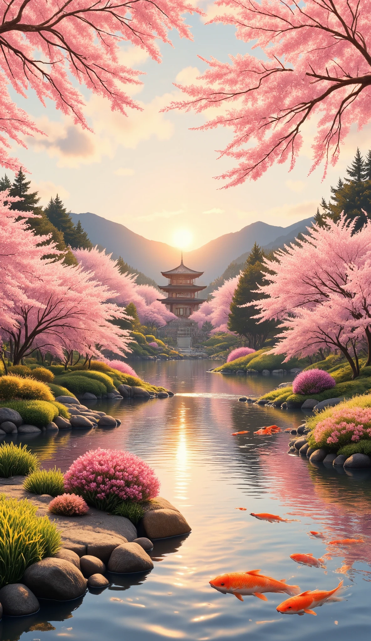 in high-definition images(Digital Paint)、(Best Quality)、Very Beautiful Japanese Garden、Peach Blossoms in Full Bloom、Carp Pond、tower、Ukiyo-e style、Hokusai Inspiration、8K Ultra Realistic、Pastel Color Schemes、Soft Body Lighting、Golden Hour、quiet atmosphere、Scenery Orientation