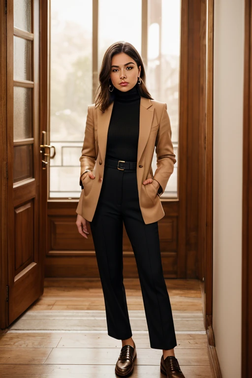 presents her outfit business clothes and brown eyes