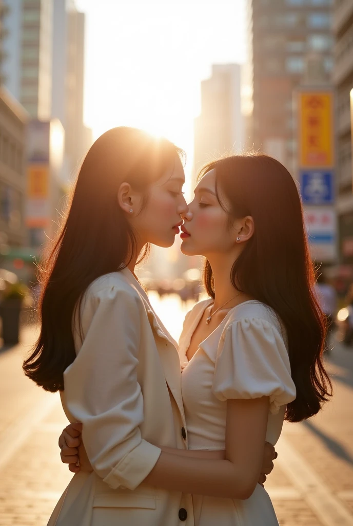 Two beautiful young Korean women in a sunny city, standing and kissing. HD 4K