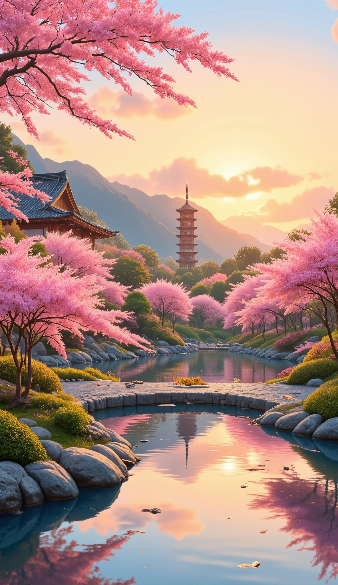 in high-definition images(Digital Paint)、(Best Quality)、Very Beautiful Japanese Garden、Peach Blossoms in Full Bloom、Carp Pond、tower、Ukiyo-e style、Hokusai Inspiration、8K Ultra Realistic、Pastel Color Schemes、Soft Body Lighting、Golden Hour、quiet atmosphere、Scenery Orientation