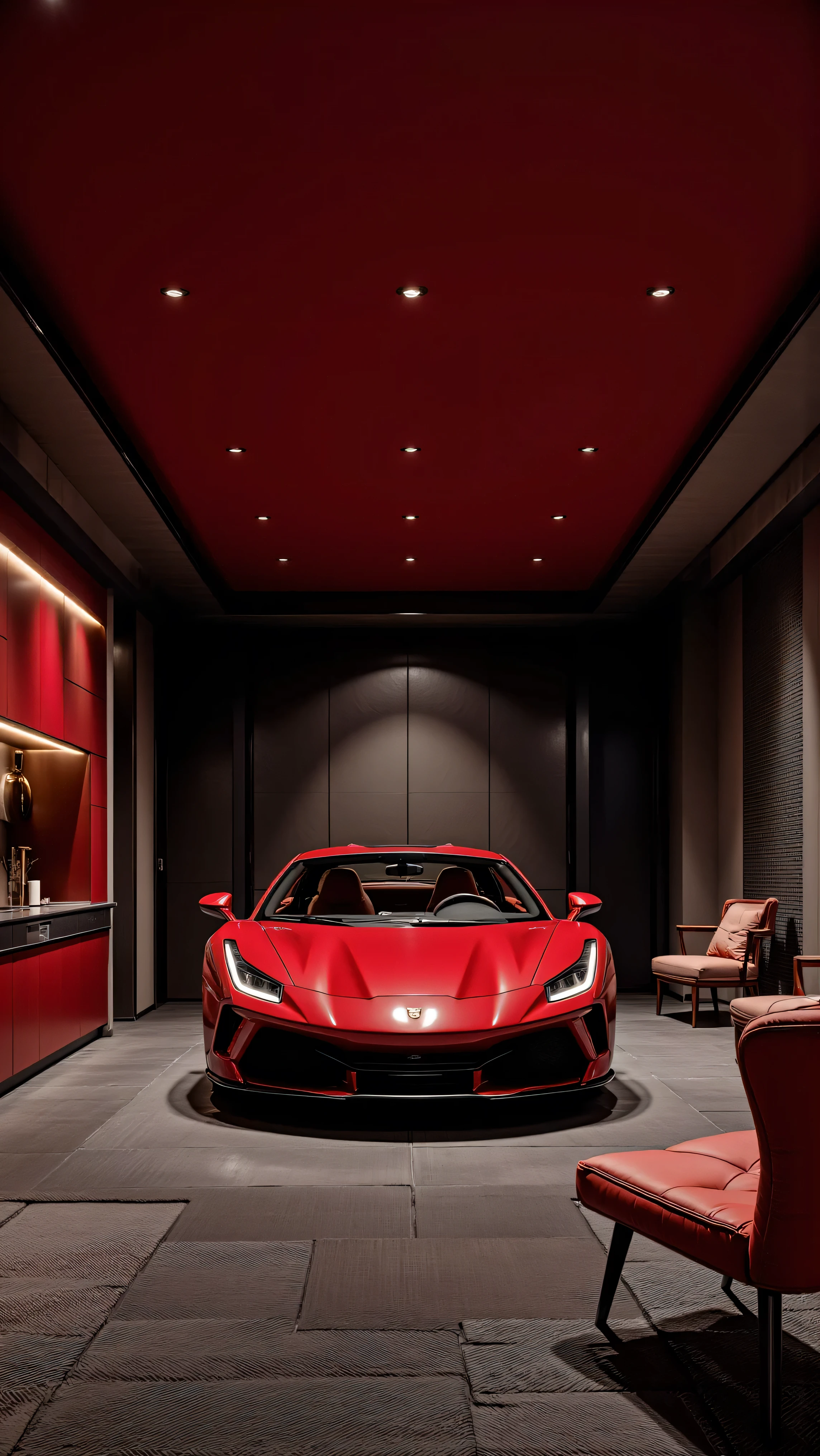 4K,8K,Studio Quality,Inside Highclass Penthouse Tower Garage, make the photo realistic, vibes color with red and dark, Billionaire Vibes Garage,Full Furniture. 
