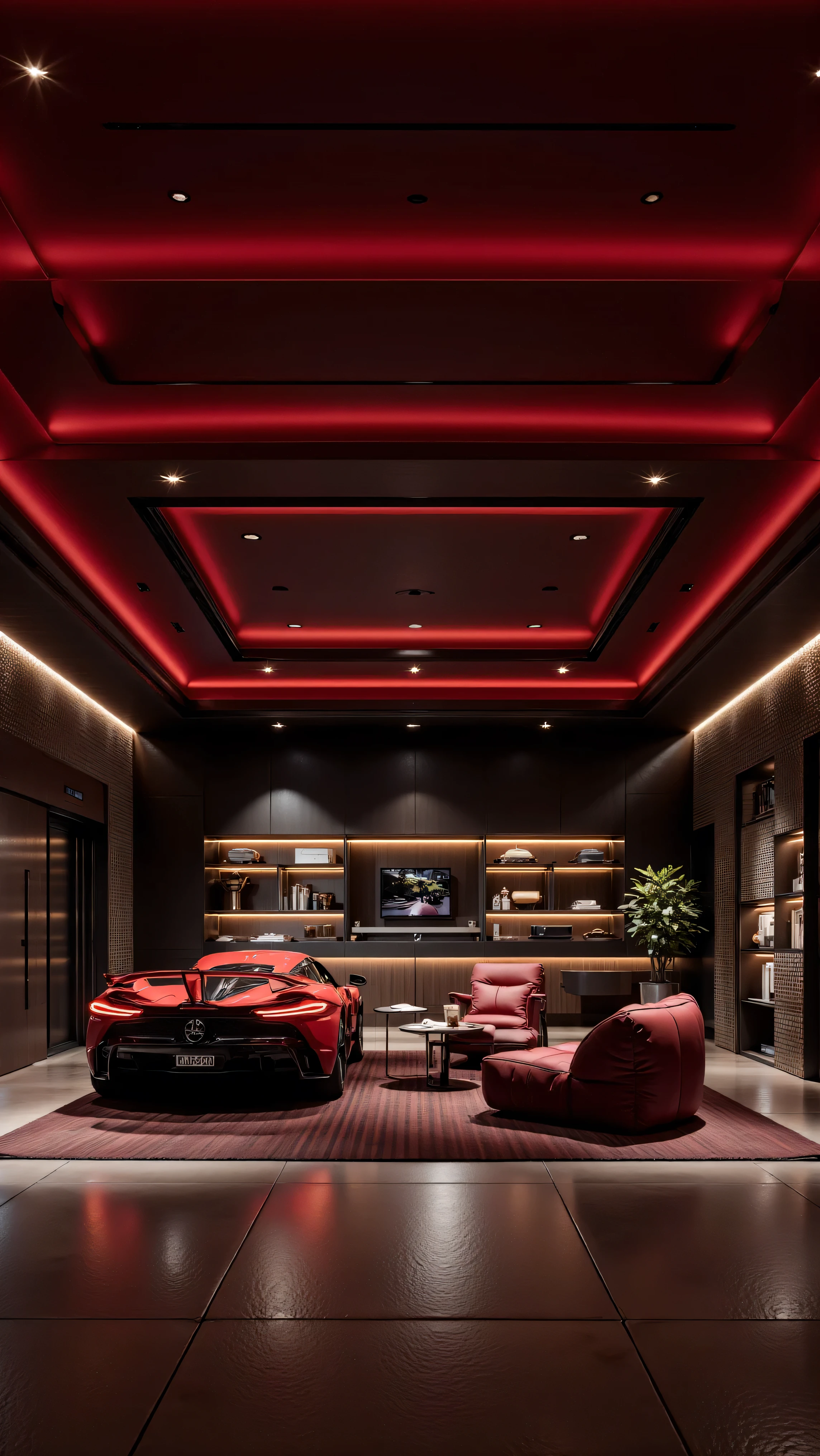 4K,8K,Studio Quality,Inside Highclass Penthouse Tower Garage, make the photo realistic, vibes color with red and dark, Billionaire Vibes Garage,Full Furniture. 