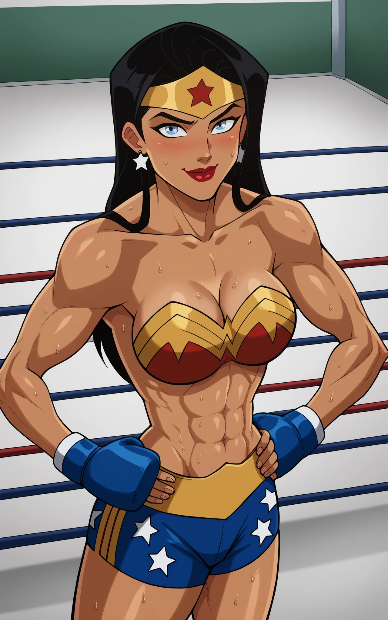 score_9,score_8_up,score_7_up BREAK wonderAP,1girl, solo, long hair, blue eyes, black hair, bare shoulders, jewelry,earrings, dark skin, exposed breats, topless, blue boxing shorts, blue boxing gloves, smiling, closed mouth, standing, confident expression, bedroom eyes, muscular, star print, superhero, cowboy shot, gym, boxing ring, large breasts, cleavage, curvy, athletic, looking at viewer, dark red lipstick, hands on waist, high-angle view, model pose, sweaty, sweat drops, shiny, blushing, hands on waist