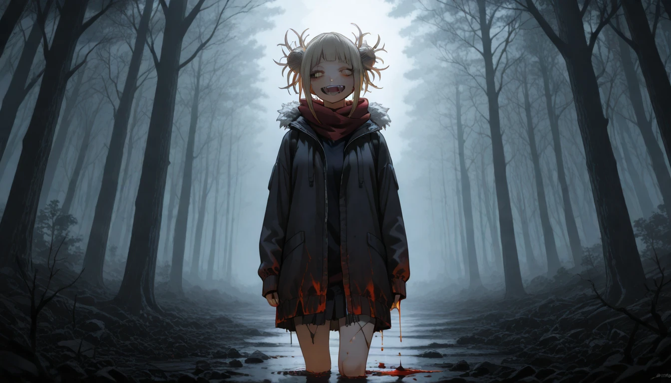 ((masterpiece)),(((best quality))), ultra_detailed, (loli:1.4), [10:years:old:1.4], [perfect:face:1.5], [detailed:facial:features:1.5], [sharp:facial:contours:1.5],[detailed:green:eyes:1.5], [sharp:eyes:1.5], looking at viewer, scared expression, pale skin, long silver hair, crop top, pink pantyhose, sneakers, (camel toe:0.3), extra small breasts, full body, bent forward, hands behind back, blood-soaked clothes, blood on face, bleeding, [bloody:mess:1.2], blood everywhere. Night eerie atmosphere, forest, flowers, shadowy trees, scary trees, bad weather, dark clouds, heavy rain, visible crimson raindrops, night lighting, blood-red colors, cool tones, (saturation:0.2), (highlight:0.3), (brightness:0.3), (contrast:1.5), (absurdres:1.2)