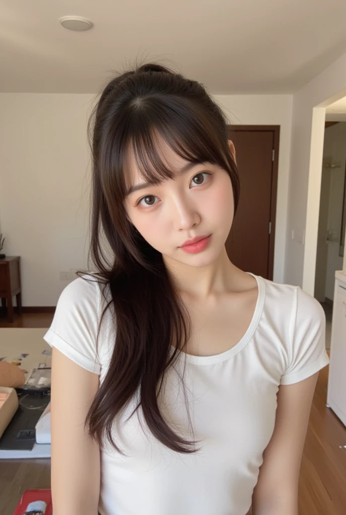 Highest quality、masterpiece、8k、Very detailed、Realistic、One girl、Eyes closed、Mouth open and tongue out、I&#39;m climaxing、Black Hair、Short Hair、Small face、Slender、Saggy big breasts、Thin and beautiful legs、narrow and constricted waist,、Completely naked、Sucking a dick、Drooling
