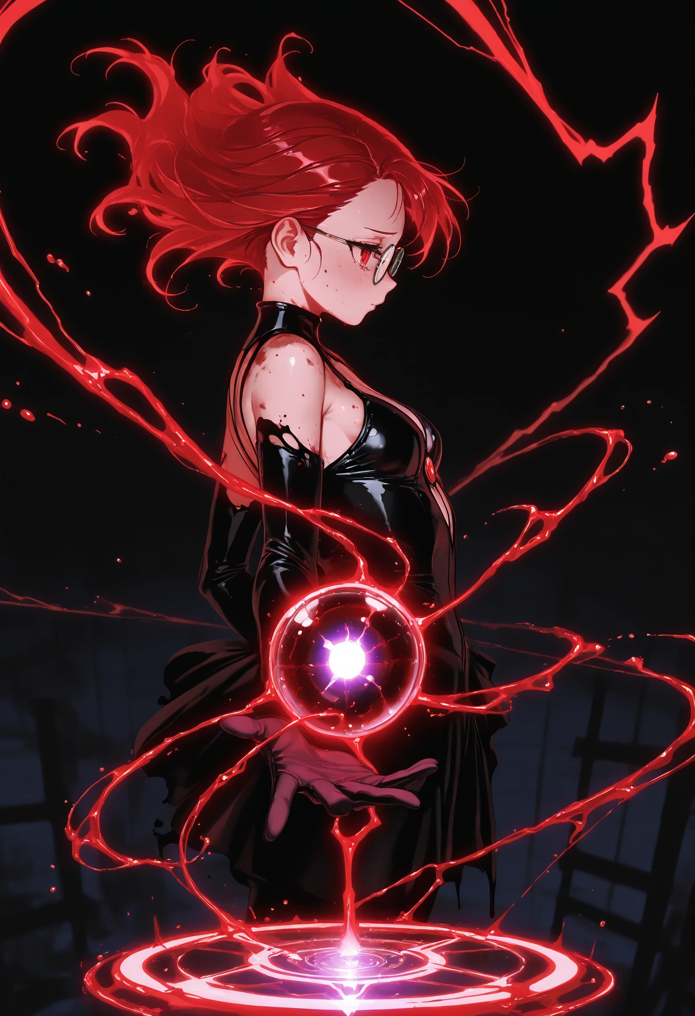 masterpiece,The best quality,newer,absurdres,highres,very far away view,1 girl,adorable,muy beautiful,shy,(big ),red eyes,glasses,beautiful,piel clara, Shiny hair , ultra detailed eyes ,Force Field azul,sexy witch outfit,Hands extended,magic barrier azul,fingers,palm of the hand ,Gloves,blue transluded barrier,Collision of Powers,in profile, magic barrier,Force Field ,magic cube,defensive sphere,fractal cube, Magic Coke,red lightning coming from another wizard,Blood Witch,Blood Rital,Blood Skin,high contrast,blue magic,Blood Rital rojo