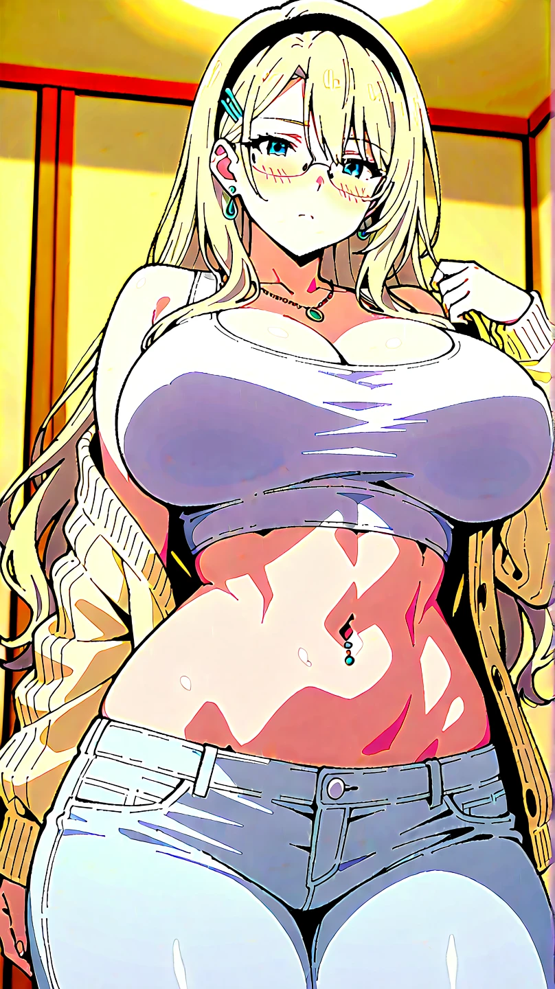 (masterpiece), (highest quality), (illustration), (super detailed), (high resolution), absurdity,1girl,solo,pink girly chair,makeup kits,desk,dildo,girl's bedroom,looking at viewer,(orange bikini top),pink blouse,open shirt,dolphin shorts,navel,long hair,black bikini bottom,blue eyes,happy,blush,curvy,big breasts,blonde hair,triangle pendant