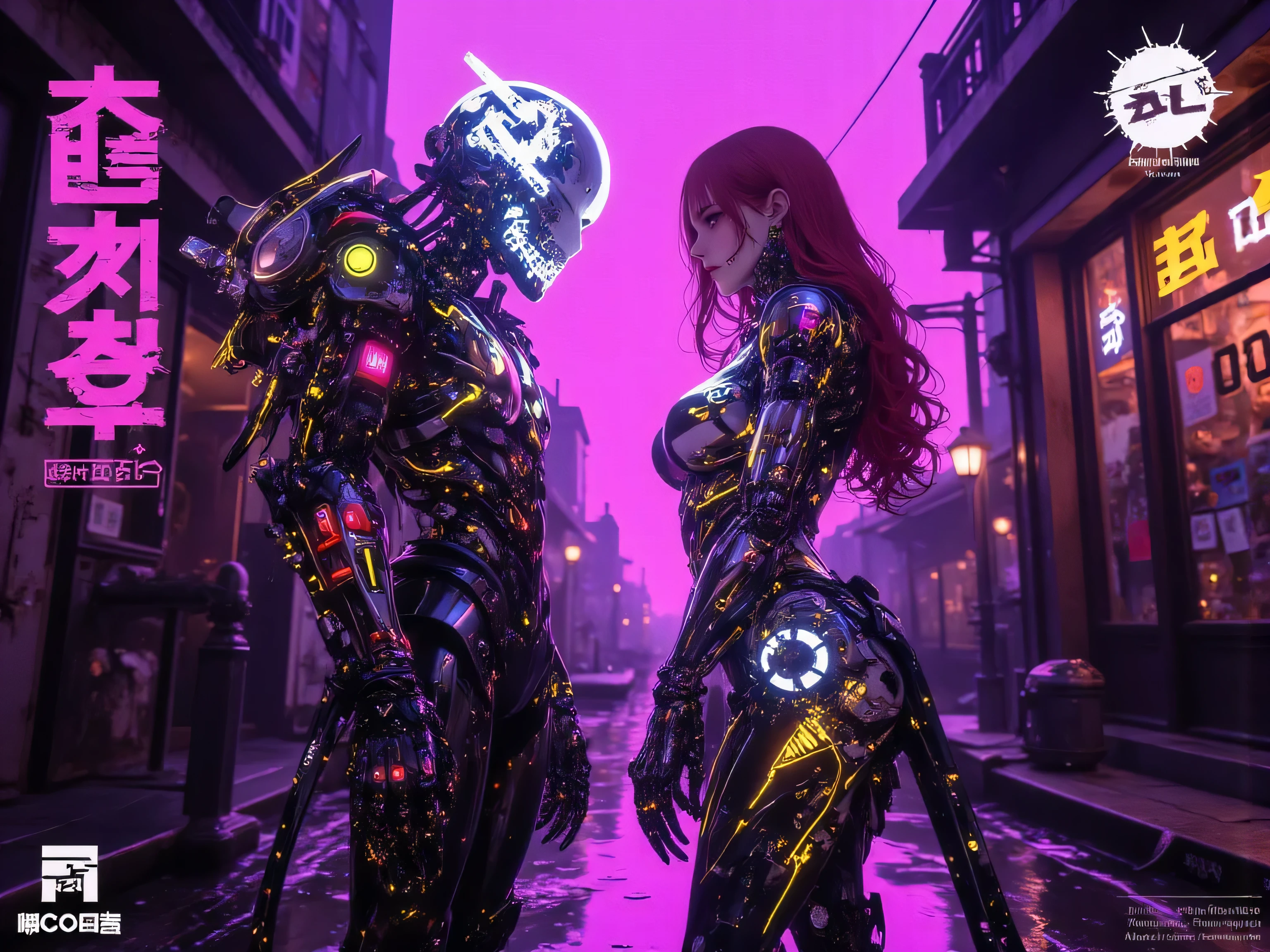 score_9, score_8_up, score_7_up, score_6_up. A masterpiece in 16k, With incredible quality, hyper-detailed textures, Best Quality, maximum quality, hyper-Detailed, High dynamic range , ultra detailed scenery, intricate detail. on a deserted street . A T6 robot and a female cyberpunk bounty hunter are standing, In the center of the scene, in combat position, in a macabre contrast. He is an intricate and detailed T-6-style robot and his head is similar to a human skull. Ela cybernetics Guardian, purple、simple background, beautiful robotic cyberwoman,(long hair:1),(body suit made of thousands of glowing transistors:1.4),delicate parts,fractal art,colorful,digital painting,(glowing lights and leds:1.3),(robotic breasts with glowing LED:1.2),medium breasts. an apocalyptic scenario, os cercam. Environment pulsates with a dark energy, the sticky floor echoing every step. She in an action pose, facial expression of a hallucinated psychopathic expression. eminent combat posture, huge_breast, firm_breasts, handfixer, (medium_full_shot:1.5) robo/(Wonders of the machine/), (Macabre style) mulher/(Cyberpunk Girls,guardian, Wonders of the machine, long wavy red hair, yellow eyes, pele clara/), (Macabre style)score_9, score_8_up, score_7_up, score_6_up. A masterpiece in 16k, With incredible quality, hyper-detailed textures, Best Quality, maximum quality, hyper-Detailed, High dynamic range , ultra detailed scenery, intricate detail. Inside a macabre bar, the shadows dance on the decayed wood walls,