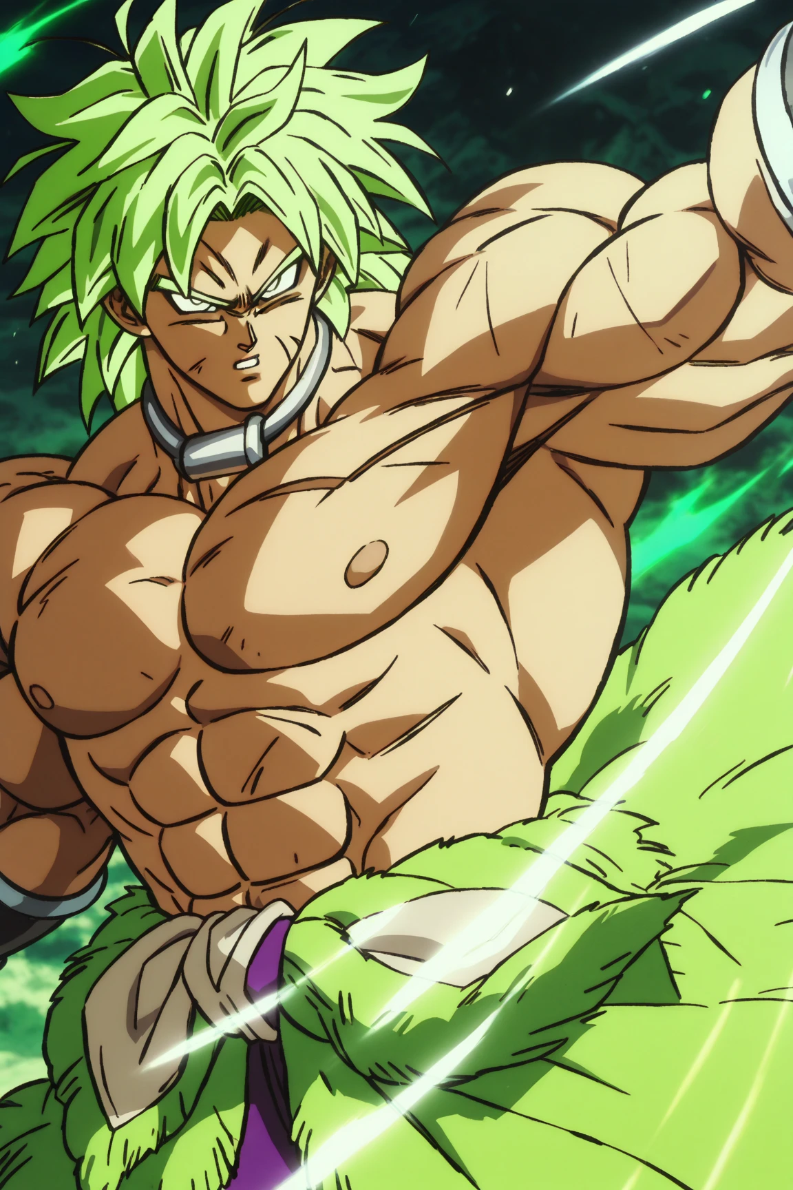 Broly, green hair, shirtless, white eyes, dynamic pose