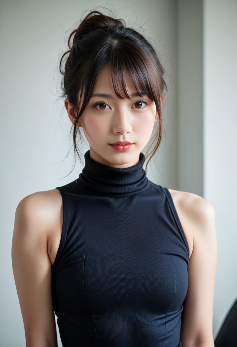 best quality, photorealistic, 8k, ((high res)), 1office lady, (skindentation), gorgeous, (portrait:0.5), gorgeous, ((nobody darkness refresh room:1.65)), Perfect Anatomy, ((black dress, brown pantyhorse, )), straight-looking at viewer:1.8, (1girl eyes looking at viewer, short-length straighthair, black hair, updohair:1.75), Contrapposto, black dress, bring black bag, photorealistic, (smile:1.2), (closed mouth:0.76), gorgeous, pureerosface_v1,