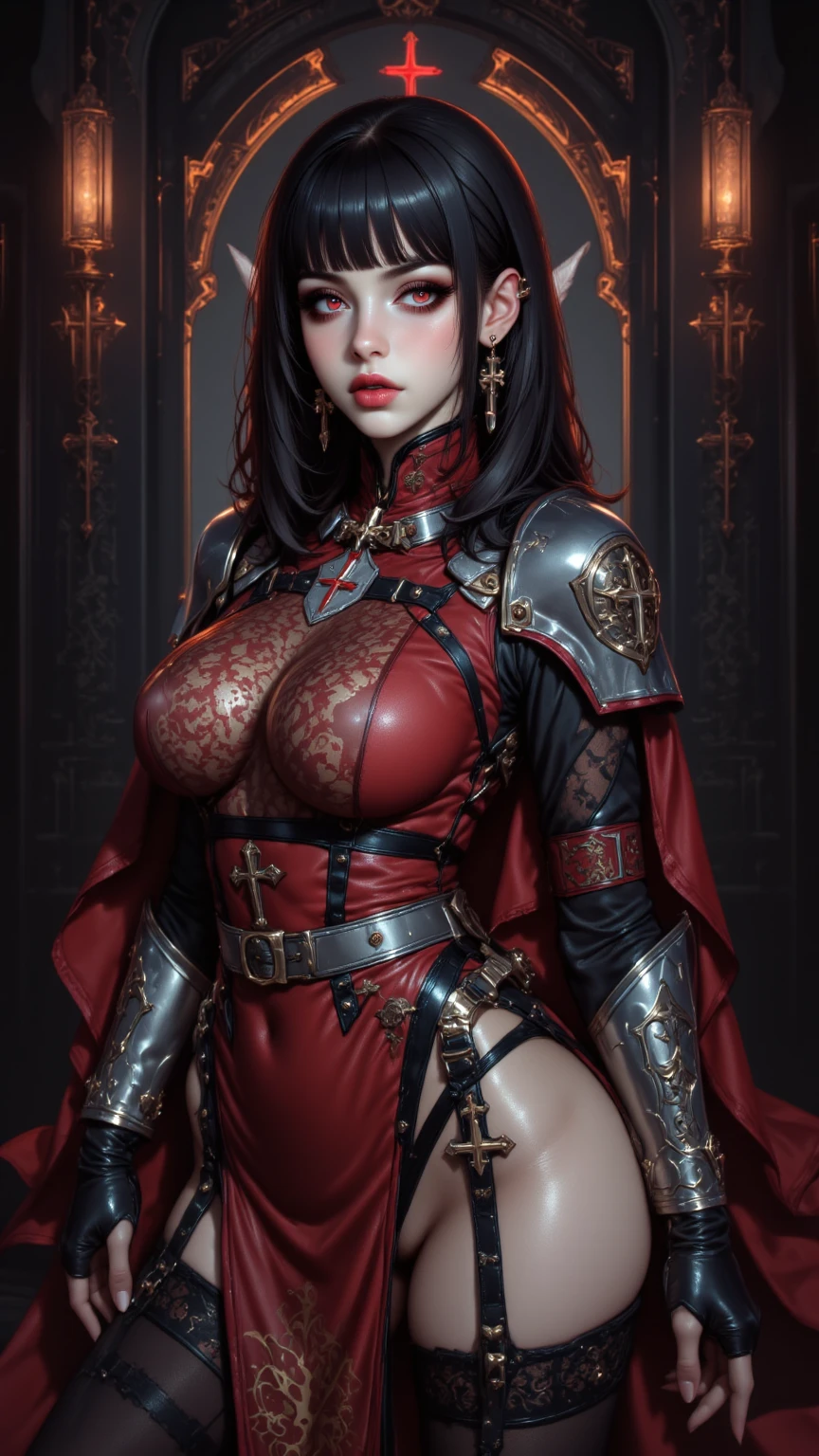 close up of a nude woman in armor with a red cape and a black outfit, big , big breasts, thick lady in red armor, gothic knight, blood red armor, black and red armor, gothic armor, black and reddish color armor, red armor, stunning armor, red heavy armor, ornate gothic armor, female knight, blood knight, of a beautiful female knight, very stylish fantasy armor, beautiful armor