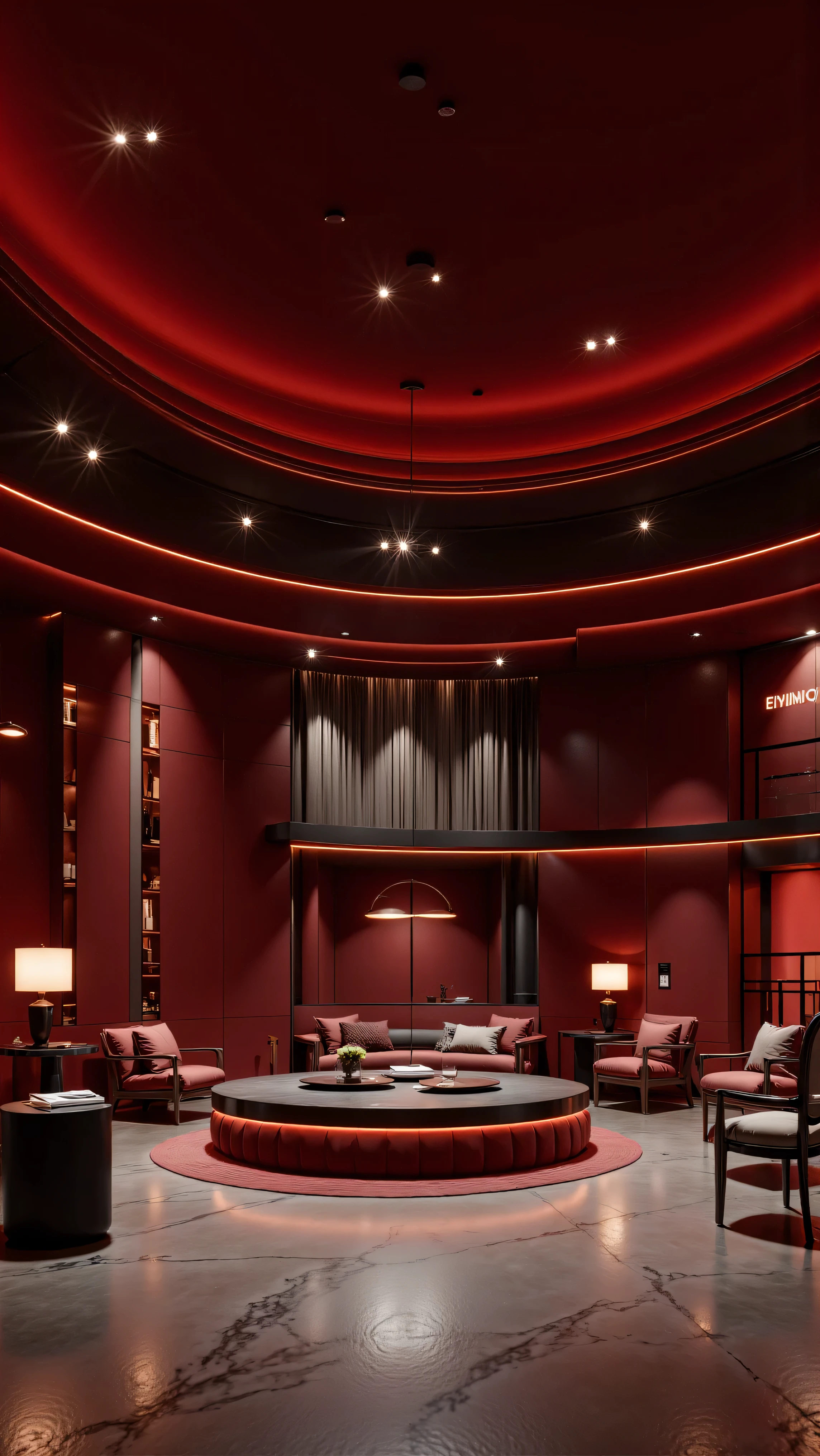 4K,8K,Studio Quality,Inside Highclass Penthouse Tower Garage, make the photo realistic, vibes color with red and dark, Billionaire Vibes Garage,Full Furniture, also Make a Wall Sign with text "VANDAI STUDIOS"