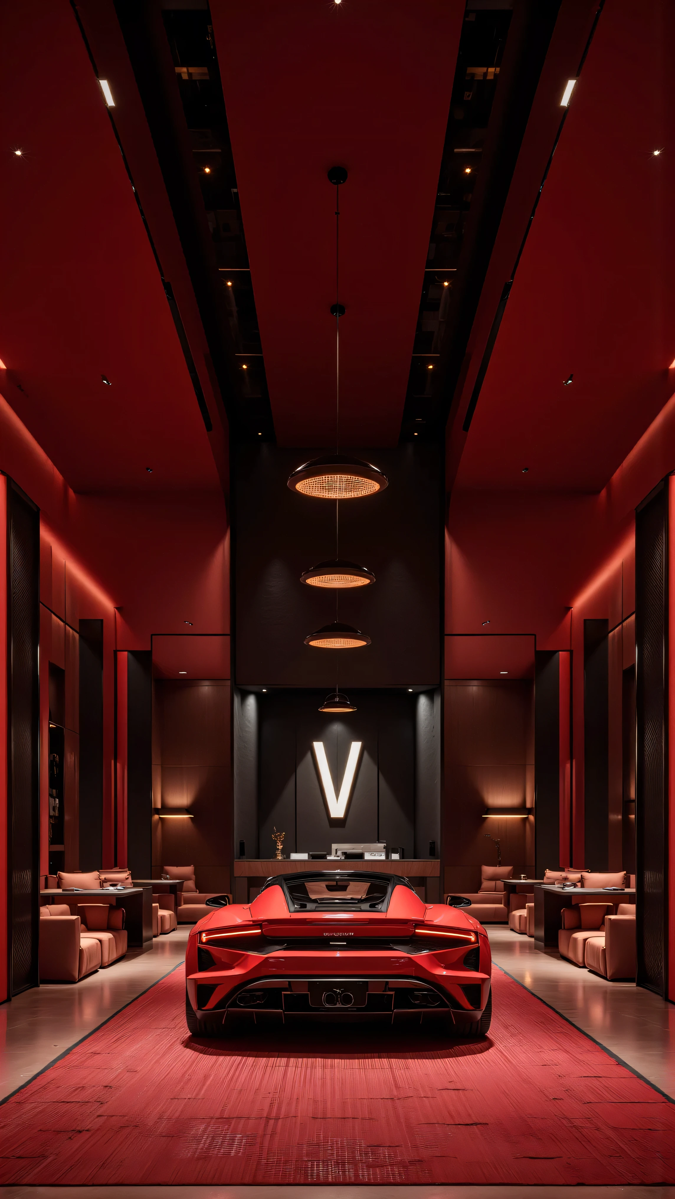 4K,8K,Studio Quality,Inside Highclass Penthouse Tower Garage, make the photo realistic, vibes color with red and dark, Billionaire Vibes Garage,Full Furniture, also Make a Wall Sign with text "VANDAI STUDIOS"