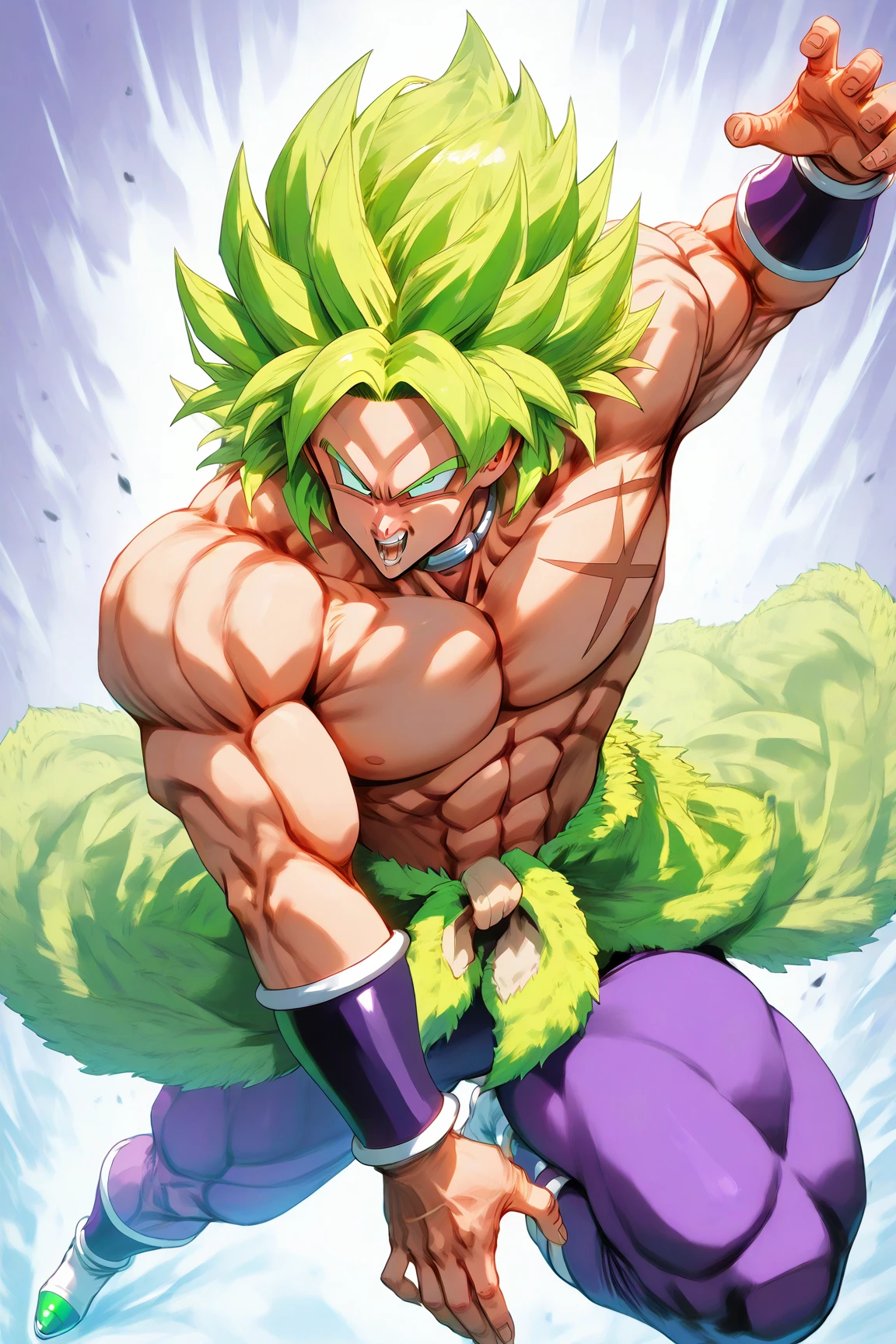 Broly(Dragon Ball), wearing purple pants, Shine, Chiaroscuro, high resolution jockstrap, masterpiece, dynamic pose, green hair