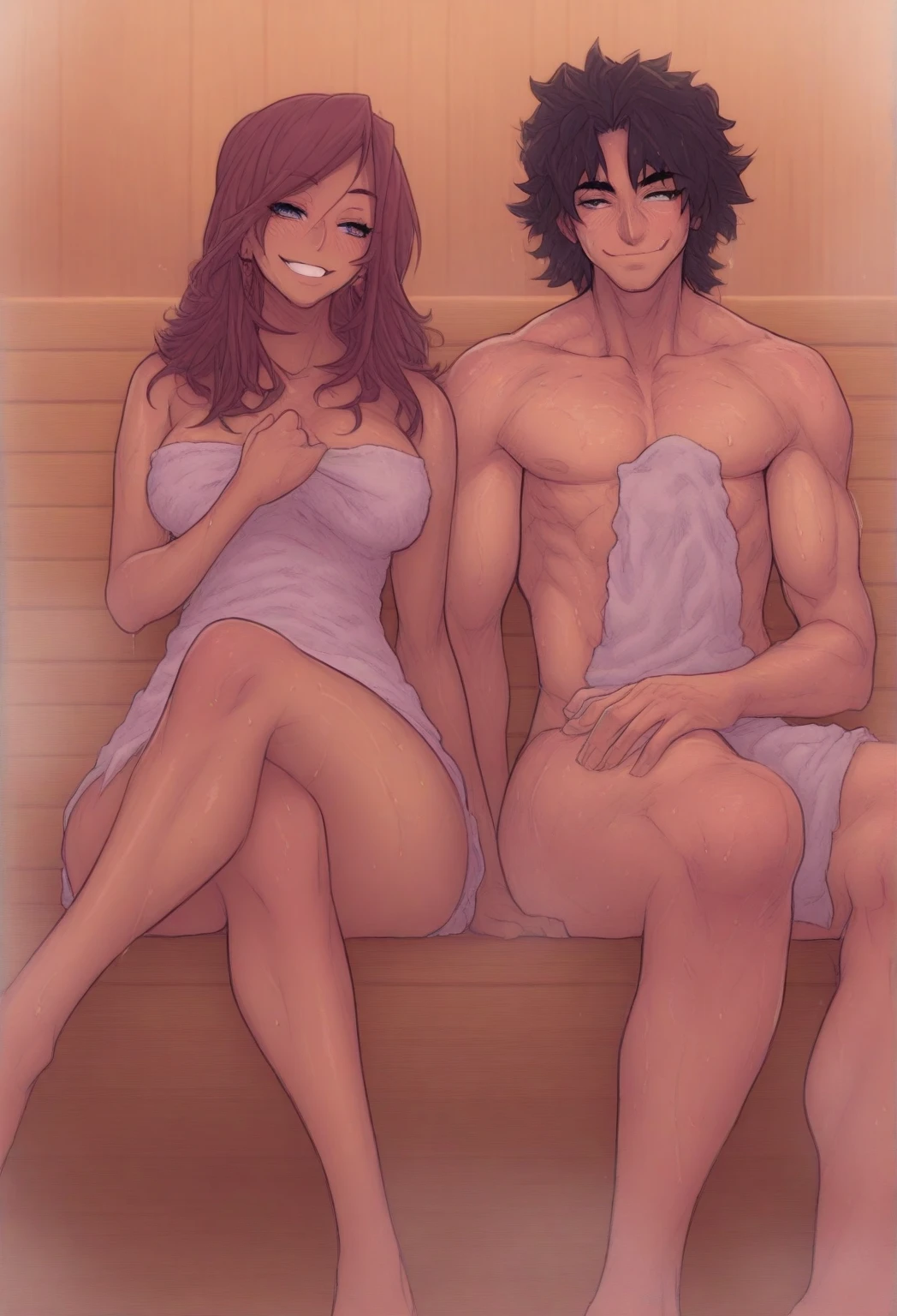 masterpiece, best quality, highres, anime coloring, 2D, anime lighting, best quality, (masterpiece:1.2), absurdres,detailed face,beautiful face, 1 girl, mature female, mature body, Fiore forvedge yggdmillennia(Fate Apocrypha), Cinematic lighting, colorfull, Brown Hair, long hair, bangs, blue eyes, bare arms, small breasts, slim and skinny body, bare legs, thighs, slim and skinny body, mature female body, Belly, slim waist, simple background, bedroom settings, beautiful eyes, nipples, areola nipples, nipple erection, belly, ((((having sex))), (((1girl, 1Boy having sex))), having sex with muscular handsome boy, (((Standing missionary side view)), NSFSW.