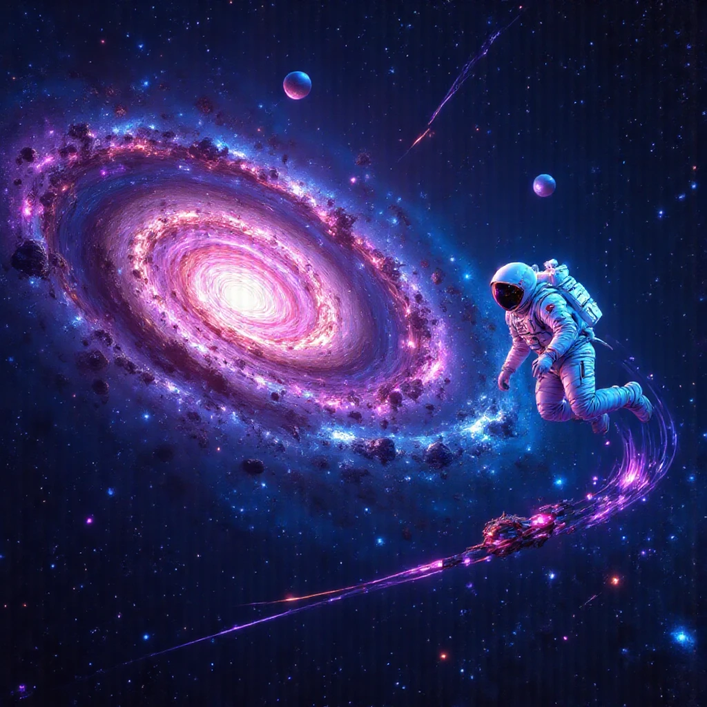 High Definition Space animated  Images for spiral galaxy colorful Milky Way in  shiny color 、space stars and planets in their  galaxy orbit 、Interplanetary show  glass transparent Spaceship in neon out line shape  shooting    stars  Authentic Art 、Attack Space of spiral galaxy digital art Comfortable silence space Colorful Outer Space,   two neon  astronauts wearing their neon  out lines white suite and glass transparent space helmets flying over   spiral colorful galaxy .show spiral galaxy illuminations shape colorful,  show neon out line illuminated  space ship beside galaxy image after placing two astronauts wearing neon out lines suites    

