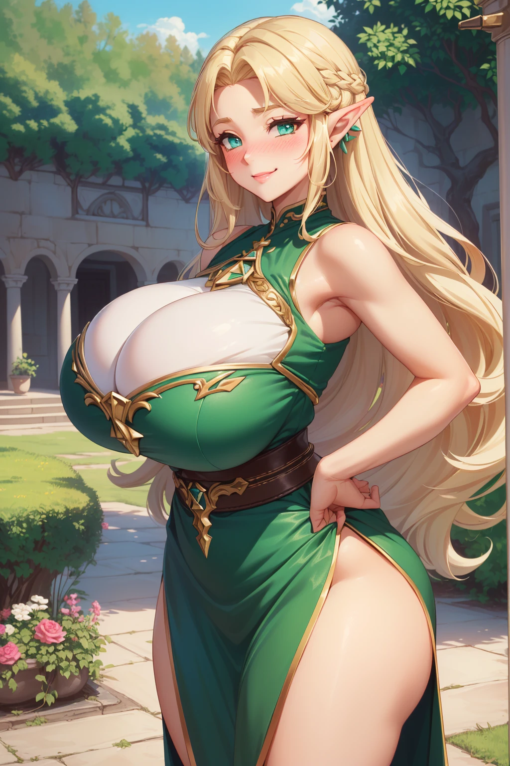 masterpiece, official art, 1girl, solo, thick, curvy, curvaceous, blonde hair, blue eyes, long hair, elf ears, elf, closeup, portrait, gigantic breasts, huge breasts, fluffy breasts, standing, looking at viewer, upper body, grin, seductive, alluring attire, closeup, portrait, at party, night city, shortstack, hands behind back, revealing dress. cleavage, leafa