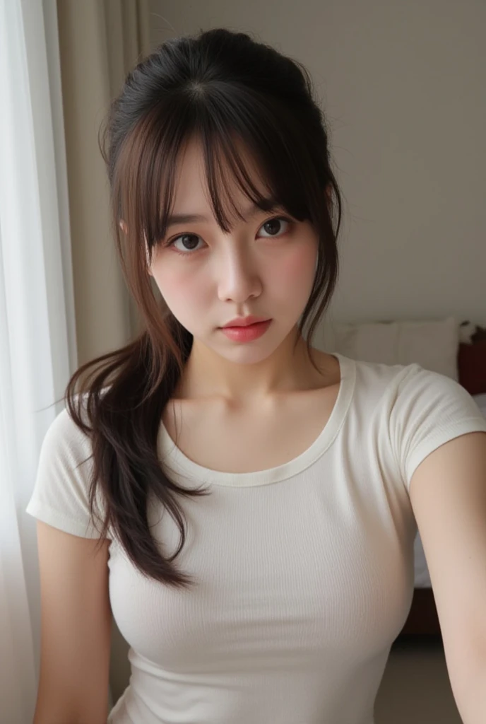 blush,,Long hair ponytail,Wearing a white polo shirt,Wearing jeans,enjoy the date,amusement park,Face close-up,((8k, RAW Photos, Highest quality, The pieces fly:1.2), (reality, Realistic:1.4), (Highly detailed 8K wallpapers), Depth of written border, Cinema Lighting, Soft Light, Detailed beauty eyes,Shiny and smooth light brown ponytail, Asymmetrical bangs, Glowing Skin, Highly detailed skin ,High resolution, Attention to detail, Detailed hairstyle, Detailed beauty face, Hyper Real, Perfect limbs, Perfect Anatomy ,1 Japanese girl,Famous Japanese Idols, Perfect female body,A shy smile,short eyelashes,double eyelid,Look straight here,Hairstyle: Ponytail,Do not fold your hands