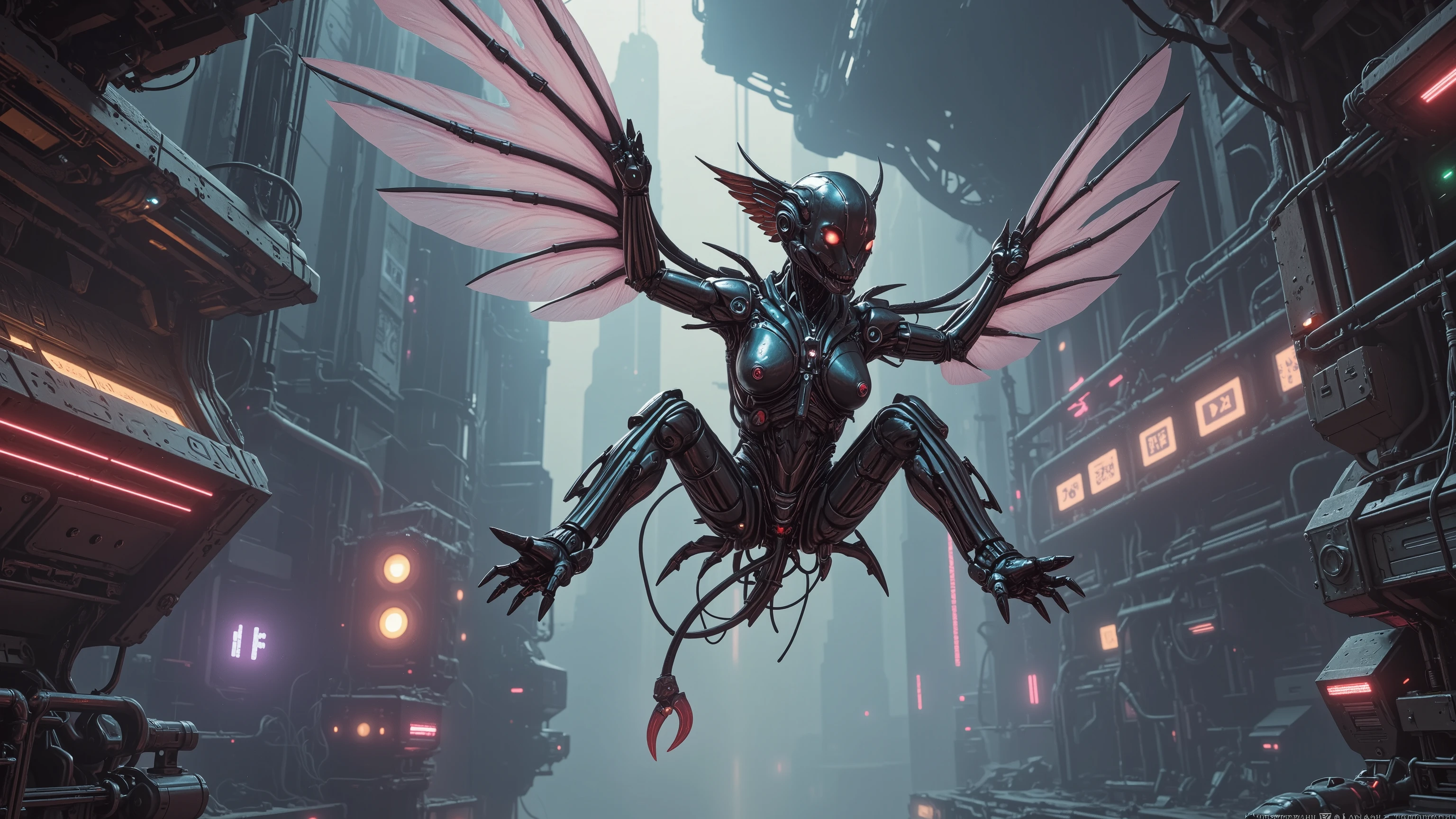 Anime drawn image, intricate, detailed, ornate, fantasy, machinery, neon, cyborg, mechanical parts, mechanical limbs, mechanical wings, cybernetic augmentations, probes, cables, wires, suspended in the air