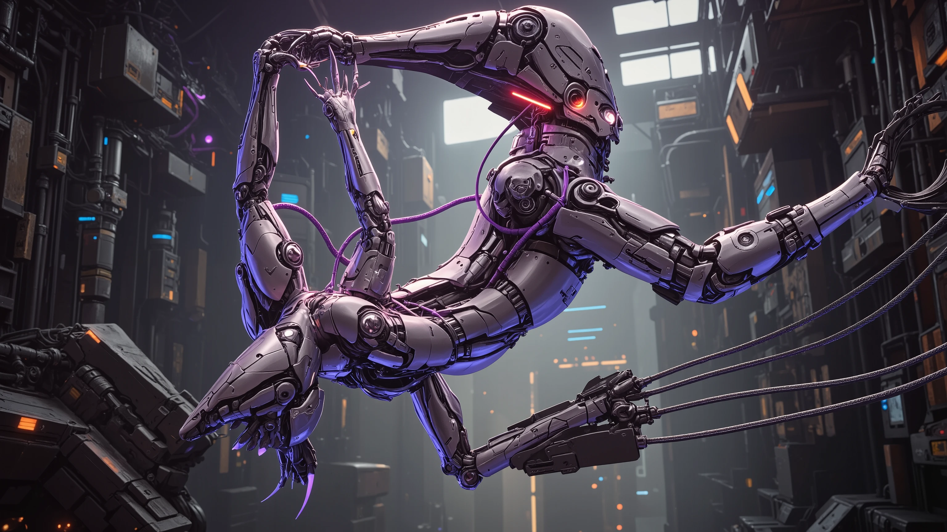 Anime drawn image, intricate, detailed, ornate, fantasy, machinery, neon, cyborg, mechanical parts, mechanical limbs, mechanical wings, cybernetic augmentations, probes, cables, wires, suspended in the air