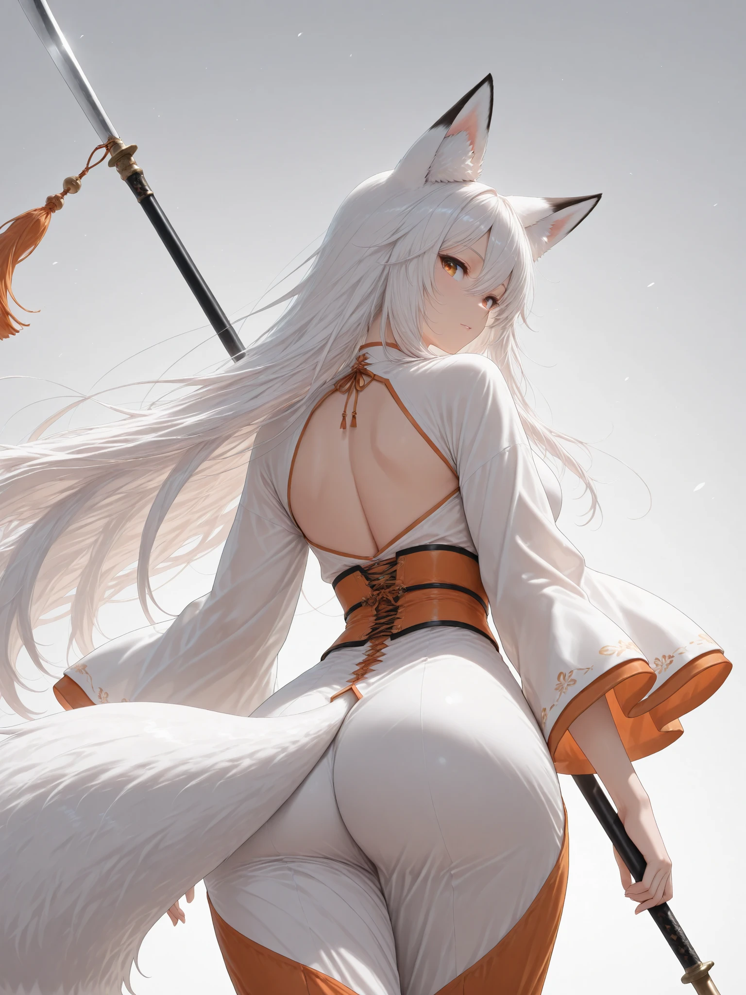 ((Best Quality)),( super high definition),(Super detailed),( detailed description ),((The best CG)),(masterpiece),(fox girl, orange color costume,reversed. White color),The fox girl equipped on Naginata,from back