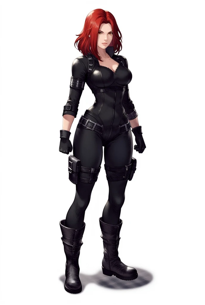 black widow scarlet johansson, Scarlet Johansson Face, red hair, (huge tits:1.2), wide hips, (large belt buckle:1.3)
