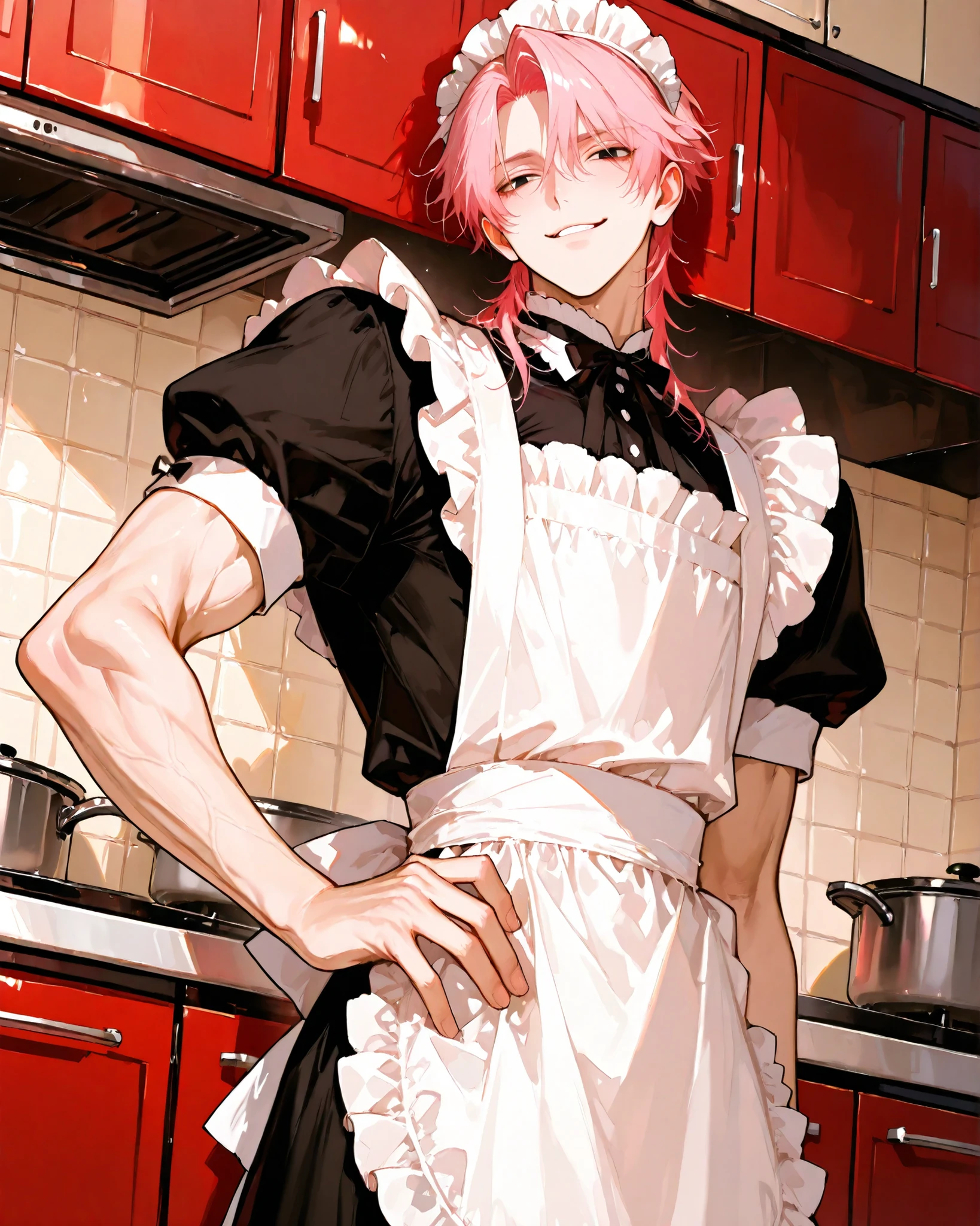 1 male,solo,short pink hair,handsome face, black eyes, fair skin, smug expression, adult male, wearing maid outfit, slim muscular build, standing in a kitchen, anime style