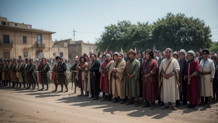 Parading to war with other Romans on a sunny day. Prepared to fight for Rome. Banners. Pilum.