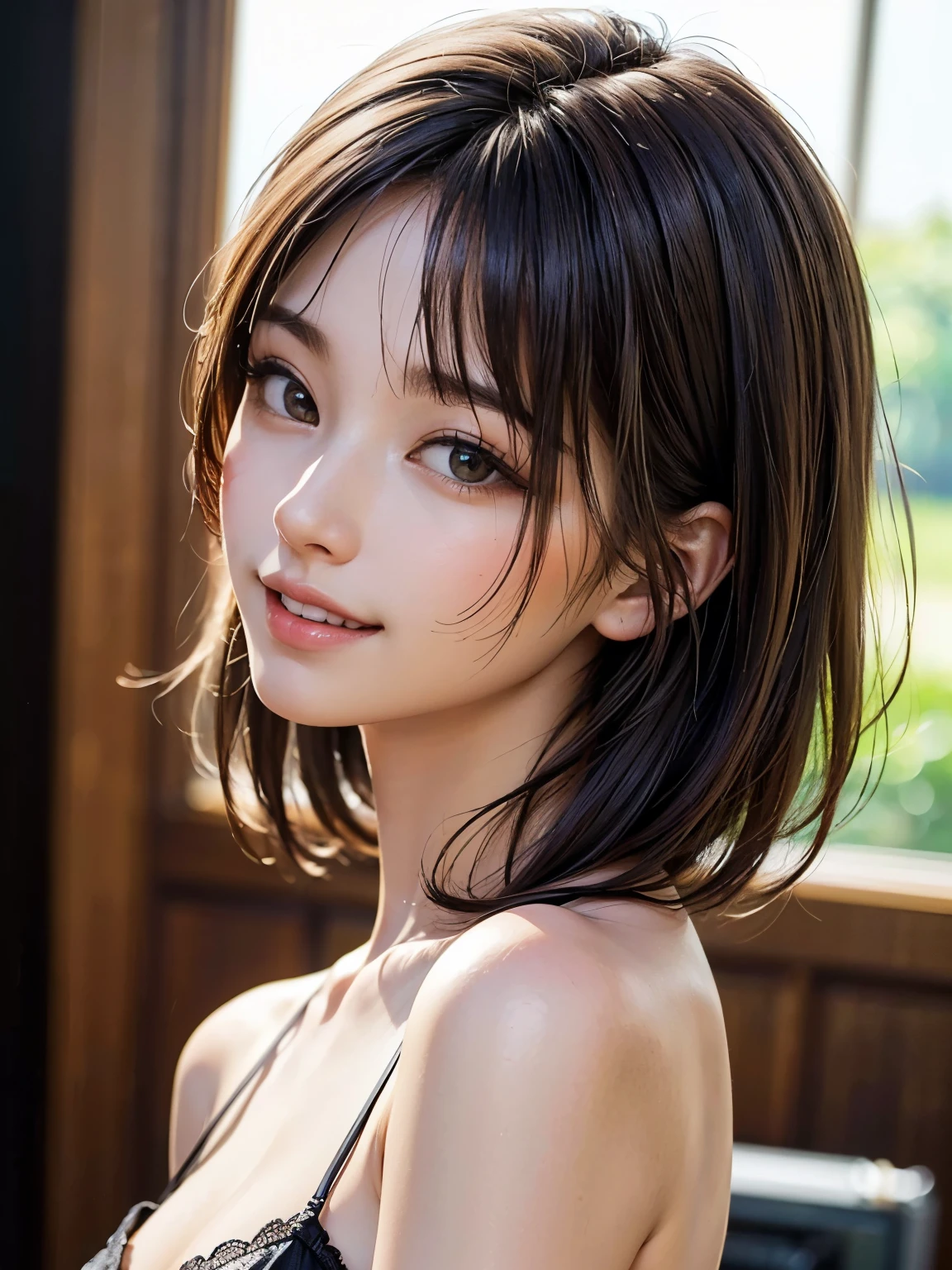 (best quality, 4k, 8k, high-res, masterpiece:1.2), ultra-detailed, (realistic, photorealistic, photo-realistic:1.37), (beautiful detailed eyes, beautiful detailed lips, extremely detailed eyes and face), studio lighting, physically-based rendering, vivid colors, (two-tone color, black & white), (tank top), (portrait, bob cut, shiny hair, shiny skin), (blurred background), (tilt your head to the side:1.5), (smile:1.37),