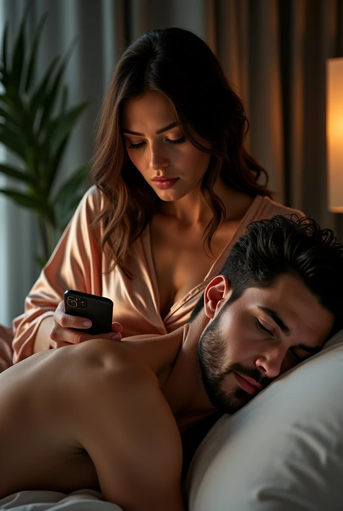 (photorealism:1.2), beautiful woman, sitting on bed, watching a video on her pphone with her partner, Big breasts , kissing each other, night time, moon's light is falling on their body ,
