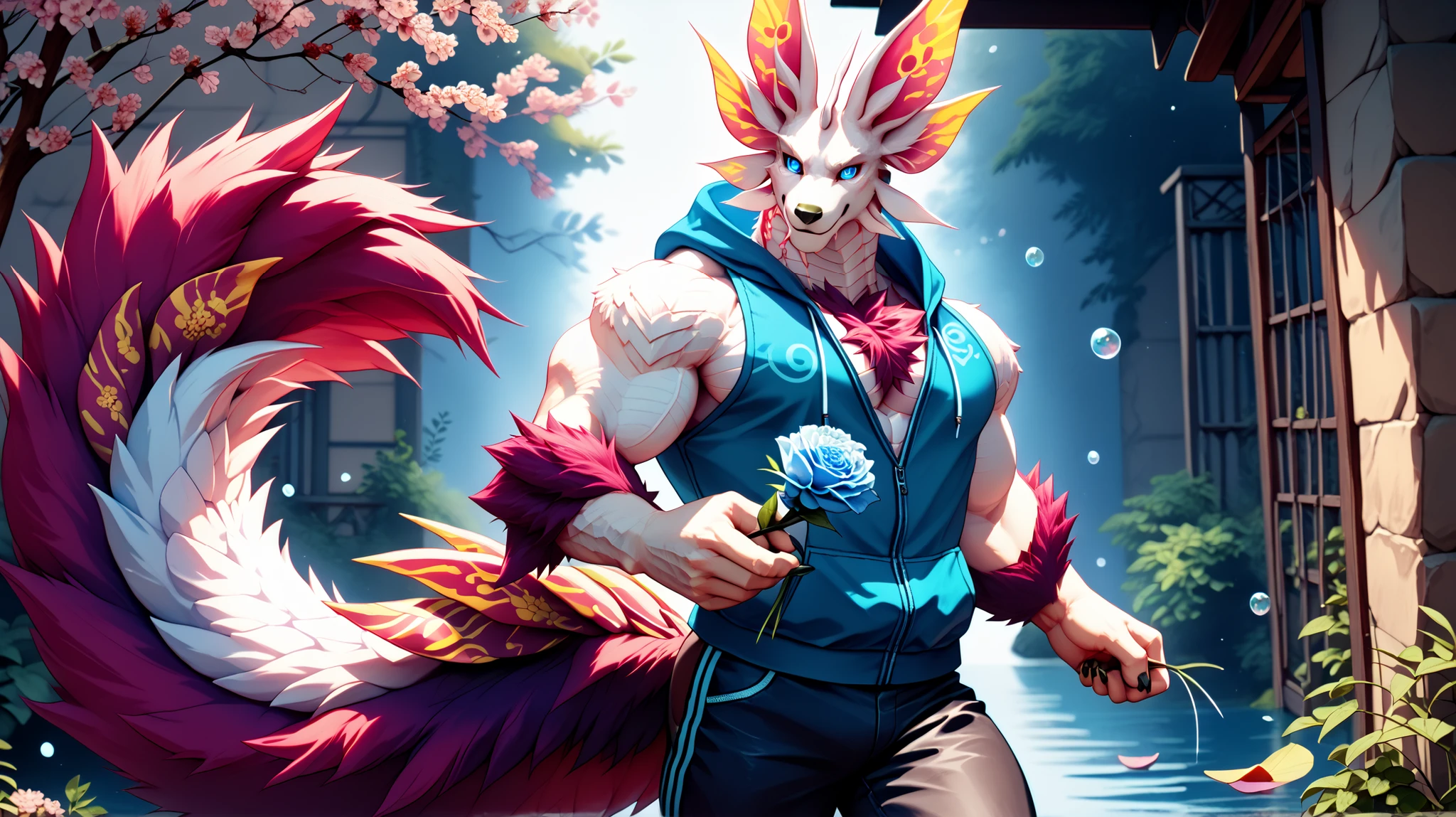 (solo), anthro male, dragon, mizutsune, bara, blue glowing eyes, sleeveless open hoodie, pants with straps, tail, detailed fluffy fur, pink and white body, muscular, sparkly, straps on chest, decorative tail accessory, dynamic angle, cherry blossoms in background, floating pose, holding a flower, masterpiece, 4k, by null-ghost