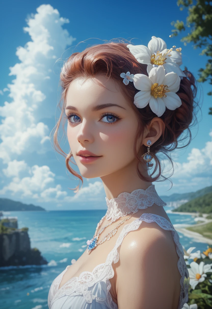 masterpiece、最high quality、high quality、Detailed CG Unity 8k Wallpaper、 Scenery、Watching the Prairie、窓の外の Scenery、色とりどりのflower、Ocean on the Other Side of the Prairie、nature、Blue Sky that seems to pass through、depth of field、high resolution、flower、Chromatic Aberration、Photorealism、very detailed、ArtStation、CG Social Trends、complicated、High detail、Dramatic、