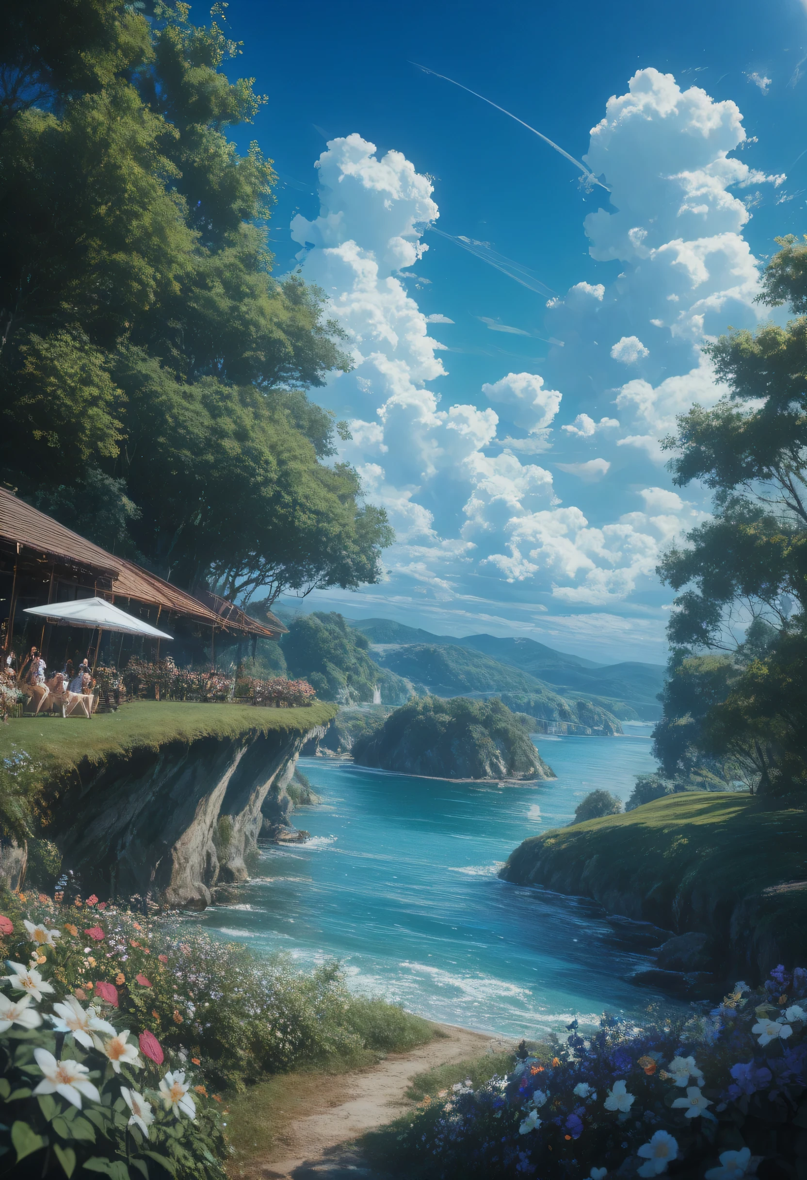masterpiece、最high quality、high quality、Detailed CG Unity 8k Wallpaper、 Scenery、Watching the Prairie、窓の外の Scenery、色とりどりのflower、Ocean on the Other Side of the Prairie、nature、Blue Sky that seems to pass through、depth of field、high resolution、flower、Chromatic Aberration、Photorealism、very detailed、ArtStation、CG Social Trends、complicated、High detail、Dramatic、