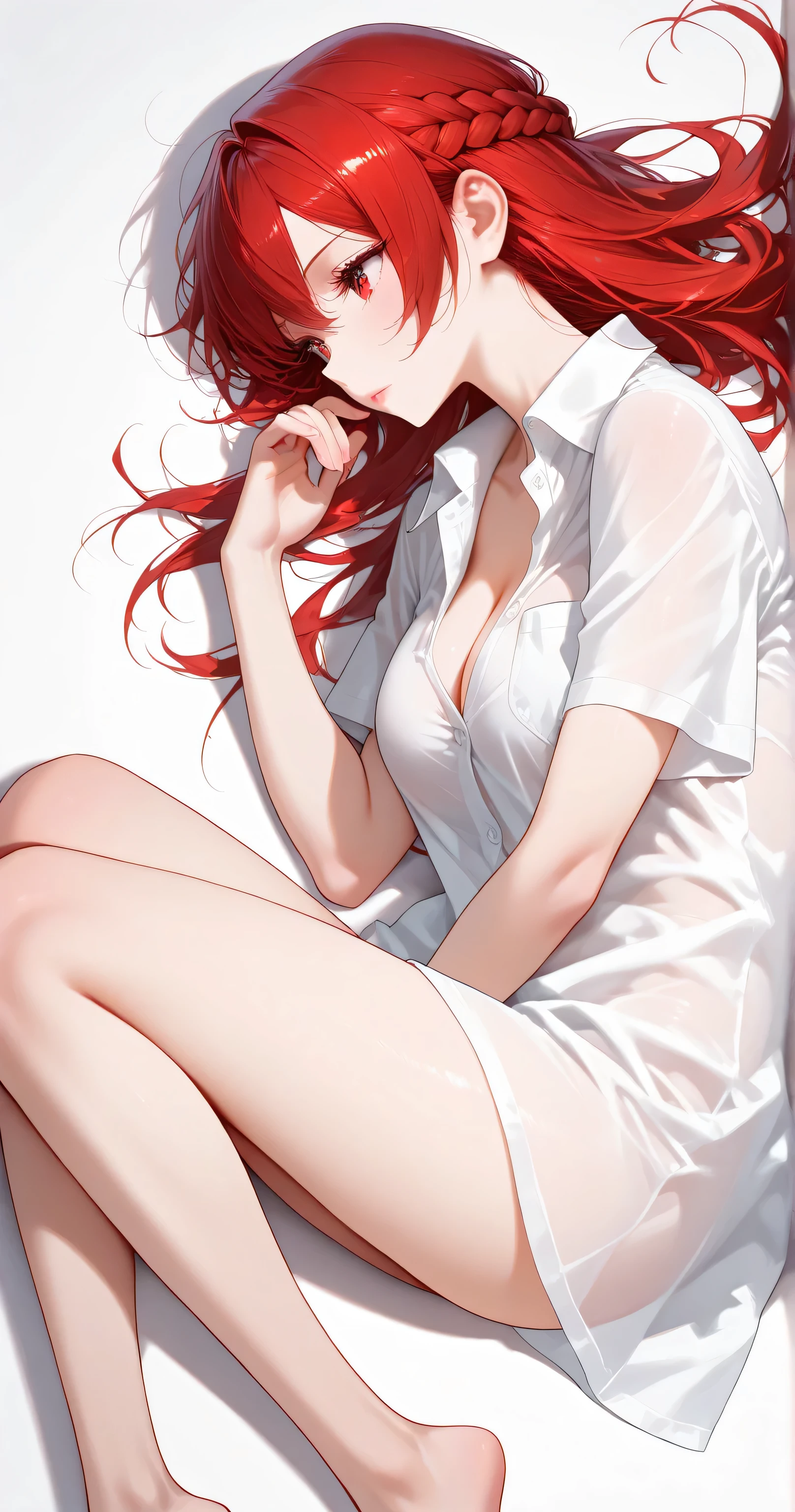 Red long hair, sunshine, masterpiece work, best quality, high resolution;,detail enhancement,best quality,perfect image quality,Beautiful and sexy, One-person viewpoint, small spots under the eyes , pretty, 큰 chest, 8K, ,chest 크게, pure white skin, chest, a lovely smile, Beloved, excitement, beautiful, gray eyes, My heart is pounding, Girlfriend, red hair, from the front, glamour, tempting, shy, innocent, lying in bed, rose petals, white blanket, fancy